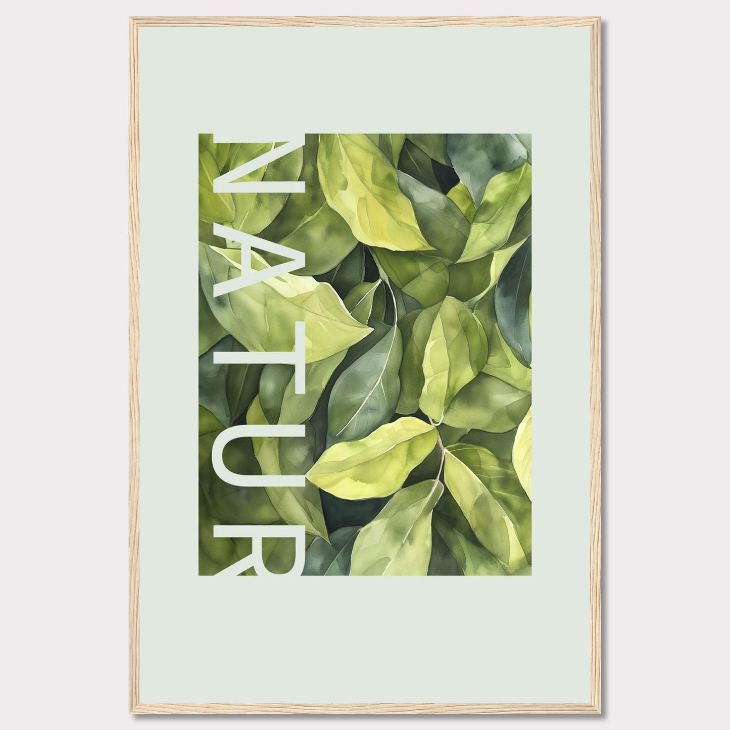 This beautiful framed artwork showcases a lush, green foliage design with the word "NATUR" elegantly integrated into the composition. The vibrant leaves create a refreshing and calming visual experience.