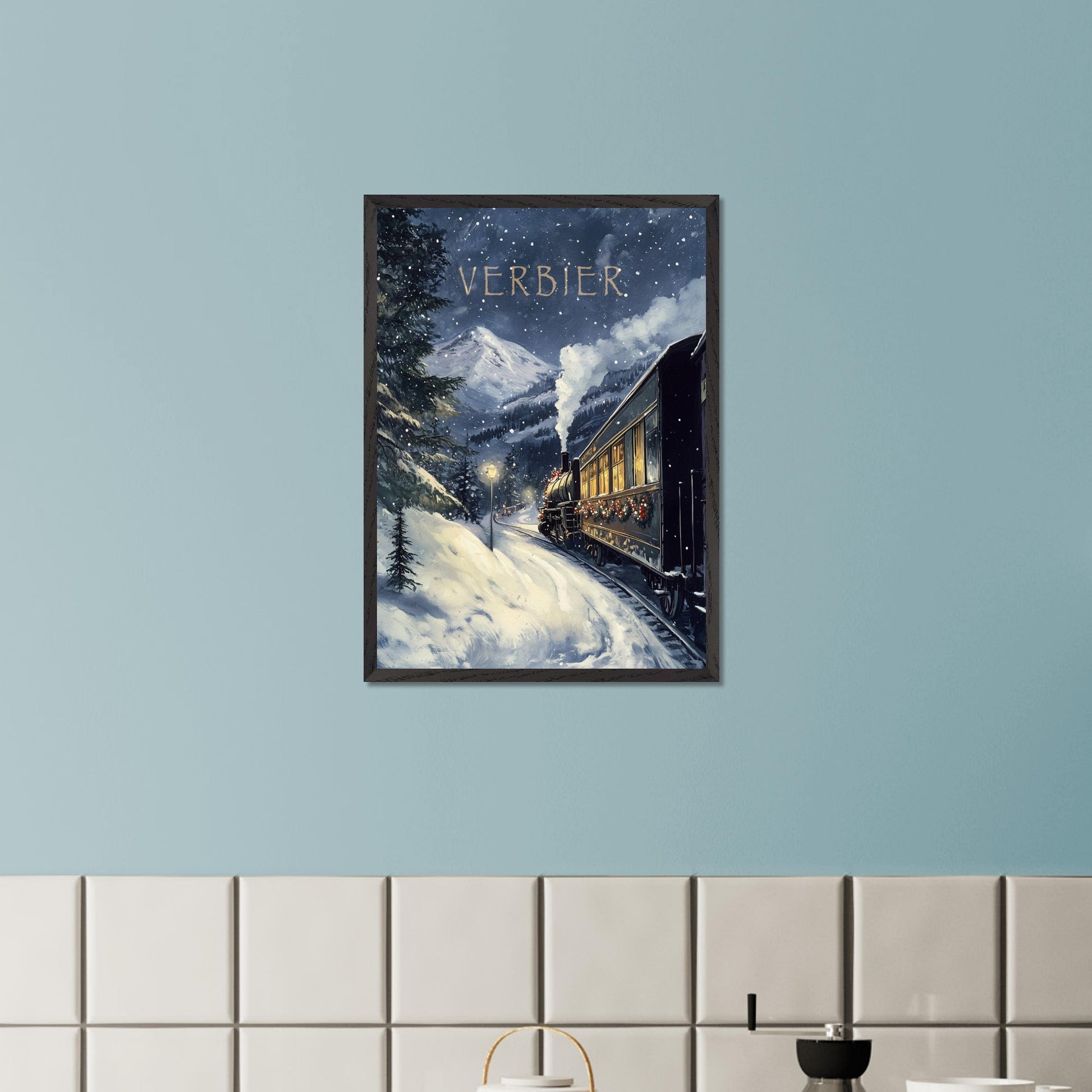 This charming, vintage-inspired poster transports you to a winter wonderland in Verbier, as a steam train adorned with festive decorations winds its way through a snowy mountain landscape. The warm glow from the train’s windows contrasts beautifully with the cool, snowy surroundings, creating a nostalgic and inviting atmosphere. The gentle snowfall and the towering mountain peaks in the background complete the serene yet adventurous feel of this picturesque winter journey.