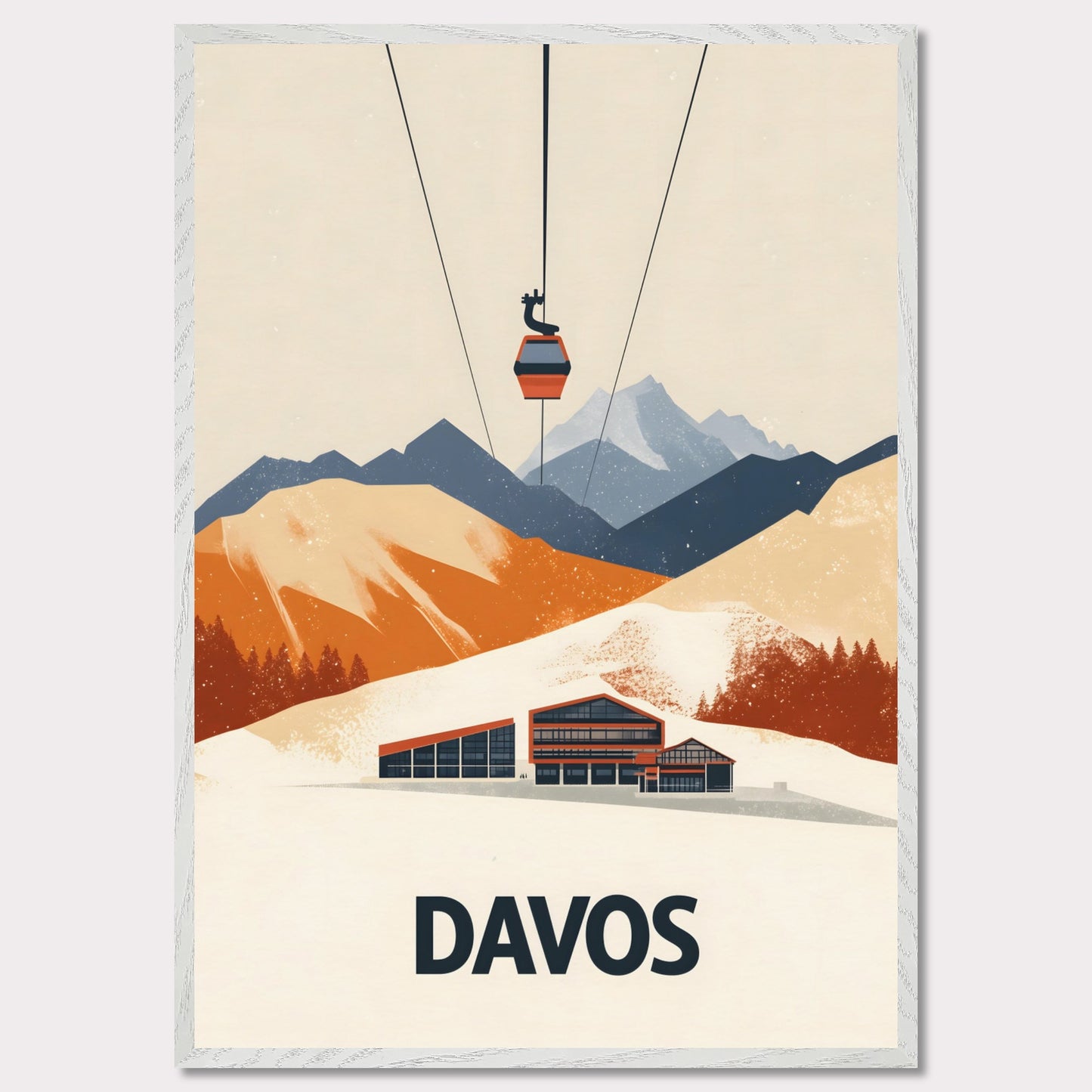 A stunning visual of a winter resort in Davos, nestled among snow-covered mountains. A cable car ascends above, symbolizing the excitement of skiing and high-altitude adventures.