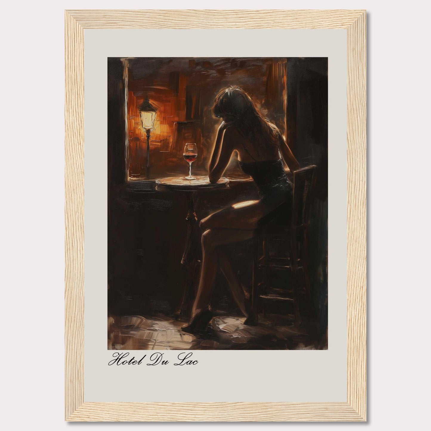 This evocative artwork captures a solitary moment in a dimly lit bar. A woman sits contemplatively at a small round table, illuminated by the warm glow of a nearby lamp. A glass of red wine rests on the table, adding to the intimate and reflective atmosphere. The painting is titled "Hotel Du Lac," suggesting a scene filled with stories and emotions.