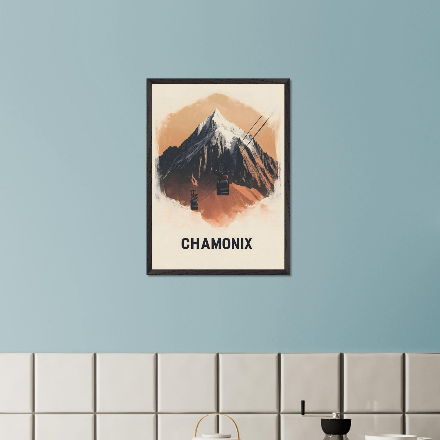 This minimalist poster artfully presents Chamonix, France, a legendary alpine destination known for its dramatic peaks and thrilling ski slopes. The sharp, stylized mountain silhouette contrasts beautifully with the soft sky, creating a bold yet harmonious composition. The subtle shading adds depth, bringing the grandeur of Mont Blanc to life.