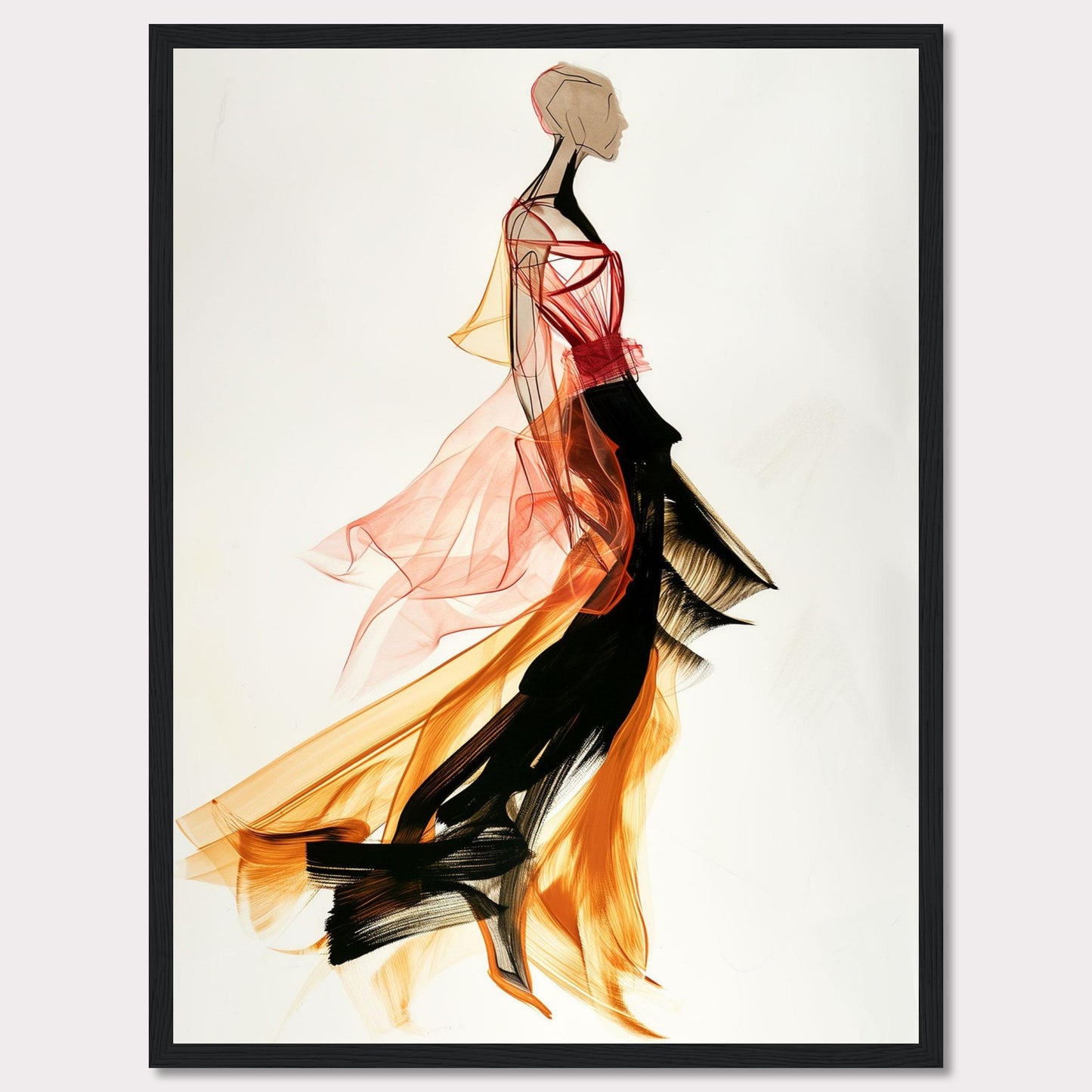 This captivating artwork showcases a fashion illustration of a figure in a flowing, vibrant dress. The dress features dynamic colors and textures, blending red, orange, and black hues. The abstract style and fluid lines create a sense of movement and elegance.