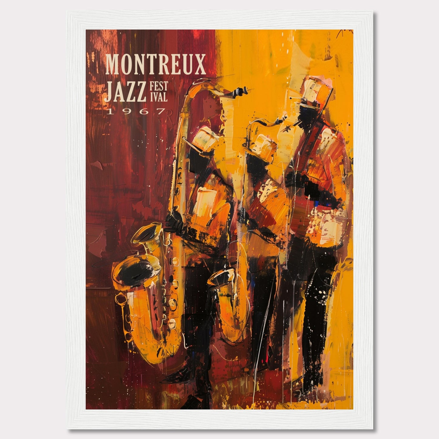 This vibrant art poster showcases the Montreux Jazz Festival from 1967. The artwork features an abstract depiction of three jazz musicians passionately playing their instruments, with rich hues of red, yellow, and orange capturing the dynamic energy of the performance.