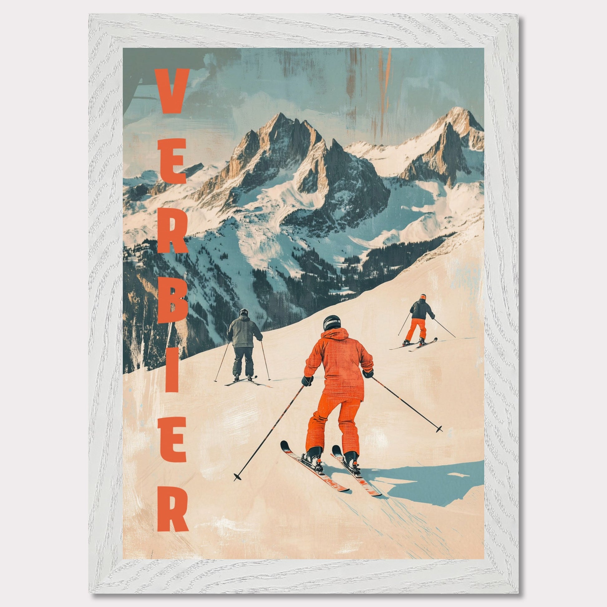 This retro-inspired poster vividly captures the exhilarating spirit of skiing in Verbier. A group of skiers clad in bold orange descends a pristine alpine slope, set against the majestic backdrop of rugged, snow-covered peaks. The textured vintage art style and muted color palette evoke nostalgia while celebrating the dynamic energy of winter sports.