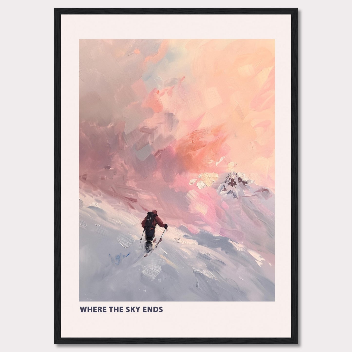 This captivating artwork titled "Where the Sky Ends" portrays a lone adventurer trekking through a snow-covered landscape towards a breathtaking, colorful sky. The painting captures a sense of solitude and determination against a backdrop of majestic, pastel-hued clouds.