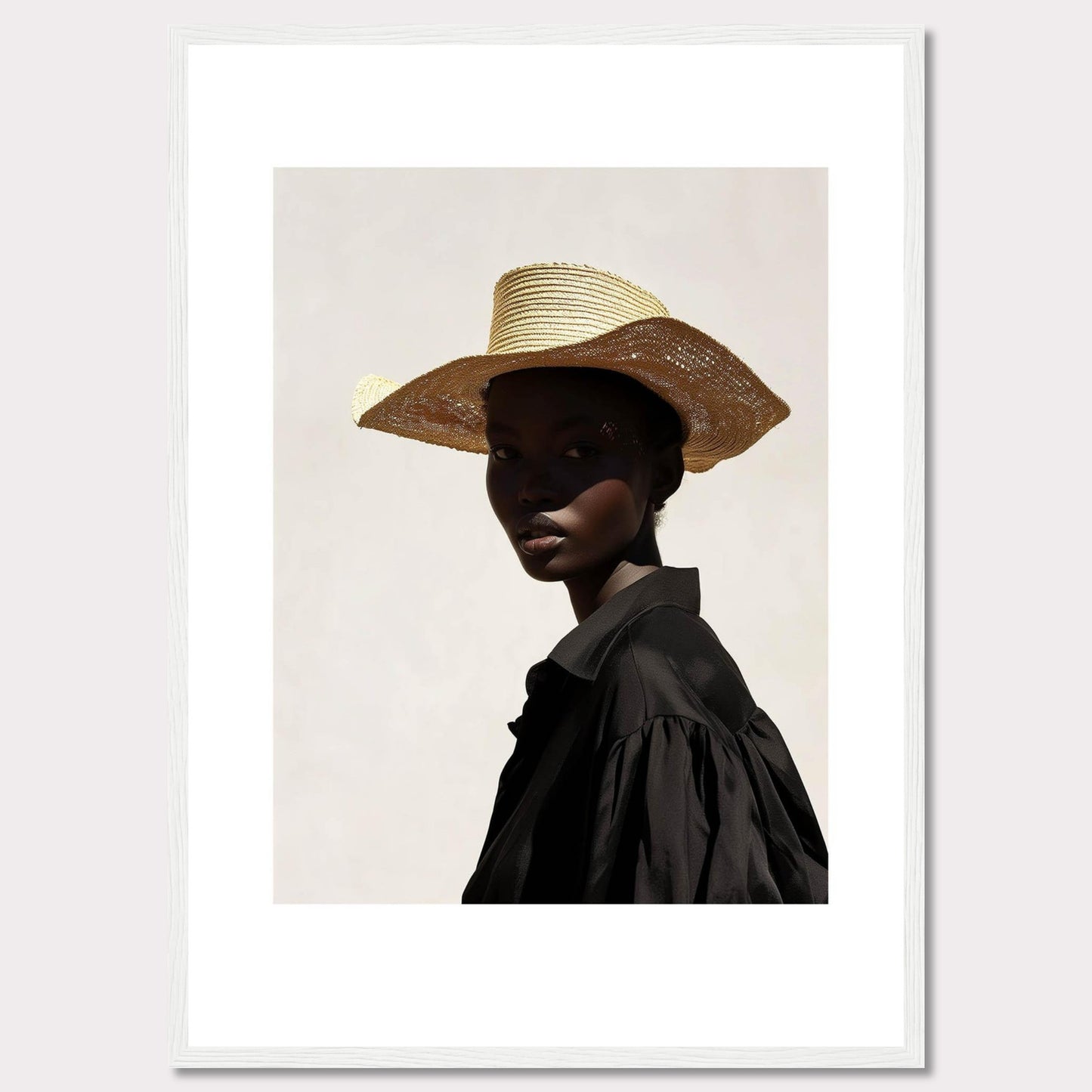 This striking portrait features a person wearing a wide-brimmed straw hat and a black outfit, set against a minimalist light background. The play of light and shadow adds depth and intrigue to the image.