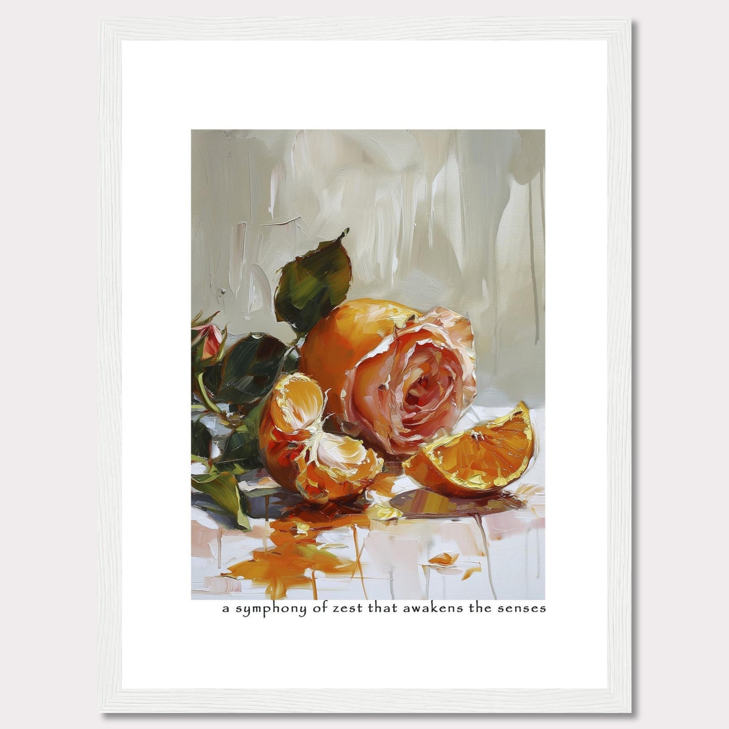 This captivating painting features a delicate rose intertwined with vibrant orange segments, creating a stunning contrast of colors and textures. The brushstrokes evoke a sense of freshness and vitality, making it a perfect piece to invigorate any space.