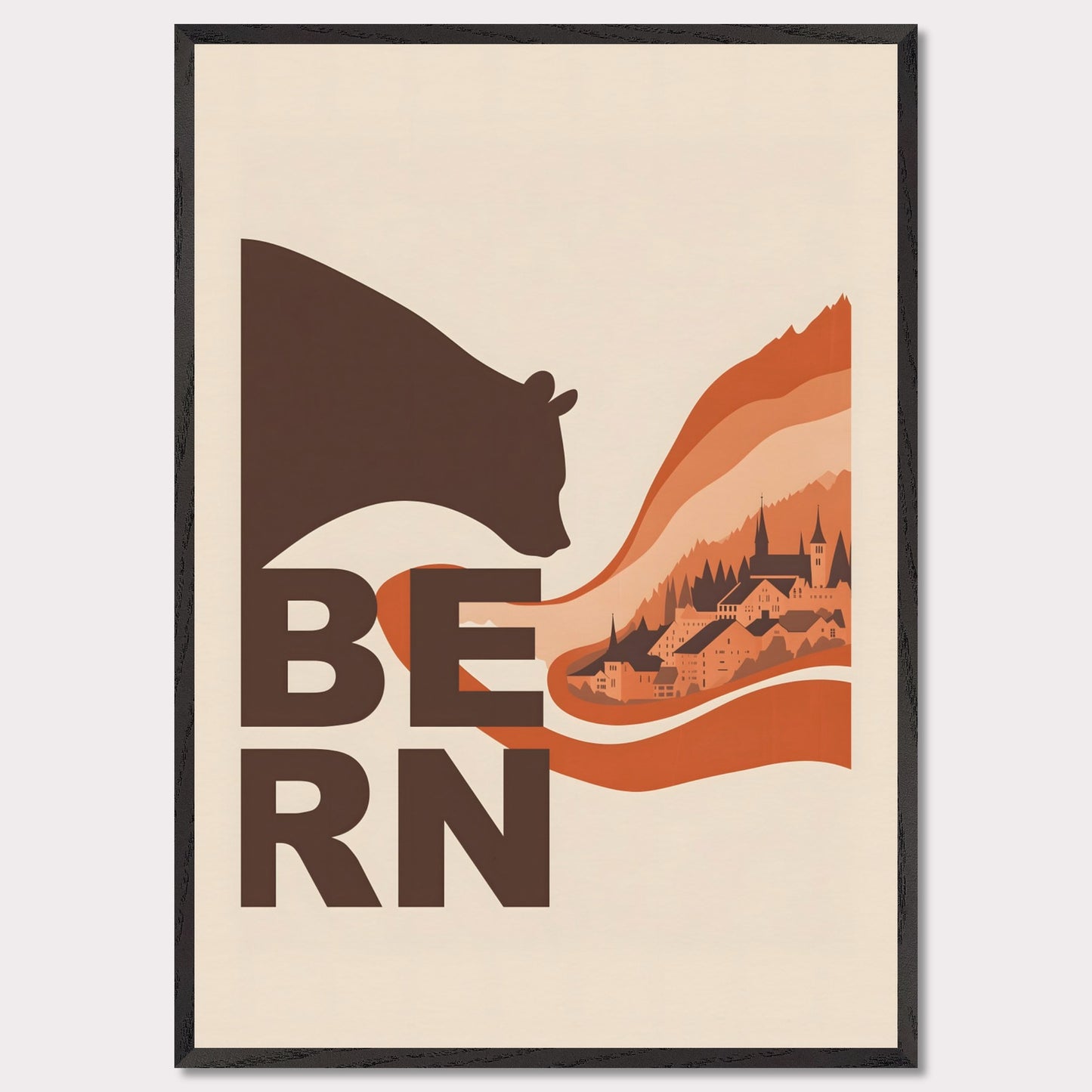 This elegant poster portrays a bear embracing the architectural landscapes of Bern. With flowing lines connecting nature and culture, it conveys the charm of this Swiss city.