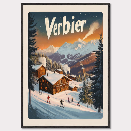 This captivating poster encapsulates the serene beauty of Verbier, with its snow-covered chalets nestled against a backdrop of fiery alpine sunsets. The scene showcases the perfect blend of adventure and tranquility, featuring skiers gliding down gentle slopes surrounded by towering pine trees and a distant view of a majestic mountain range. The soft, glowing hues of the evening sky bring warmth to this winter wonderland.