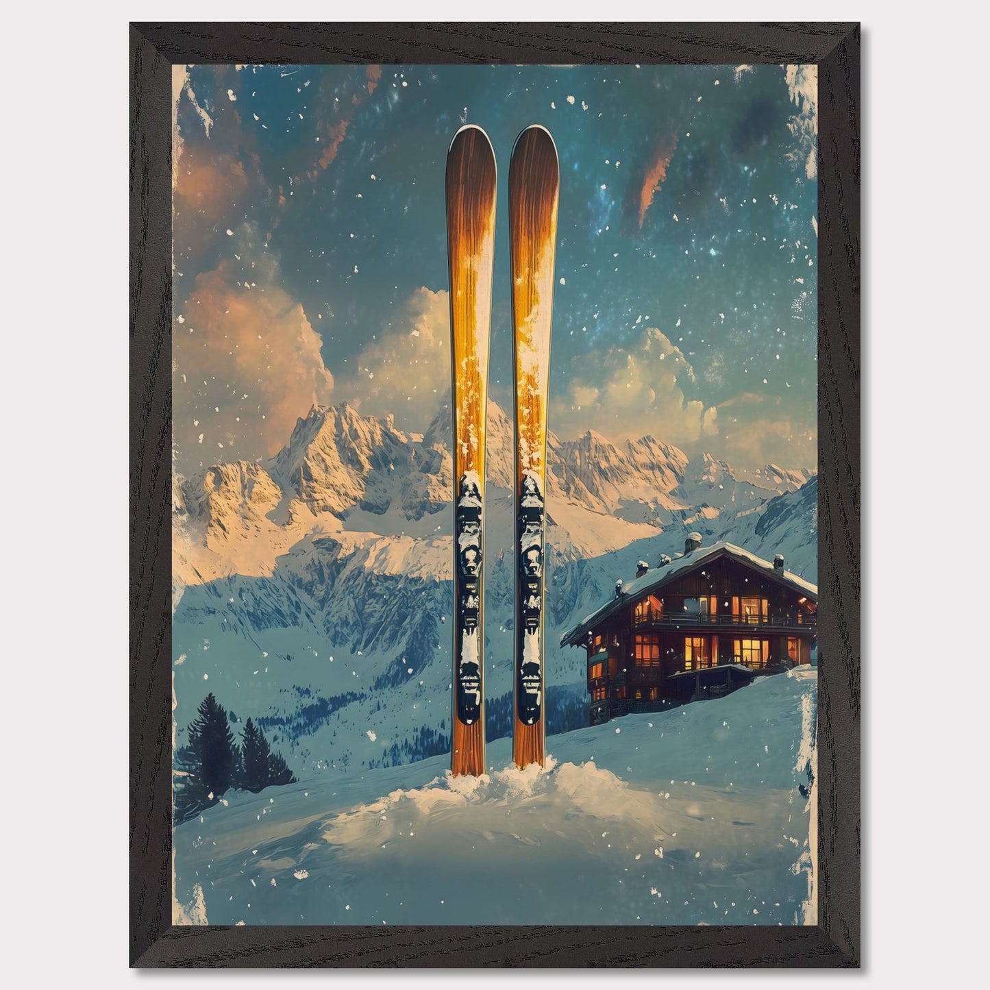 This enchanting poster portrays a serene winter scene with a skier gracefully gliding through untouched snow. The tranquil beauty of the snowy landscape, combined with the soft hues of a setting sun, creates an atmosphere of peace and connection with nature. The minimalistic style emphasizes simplicity and elegance.