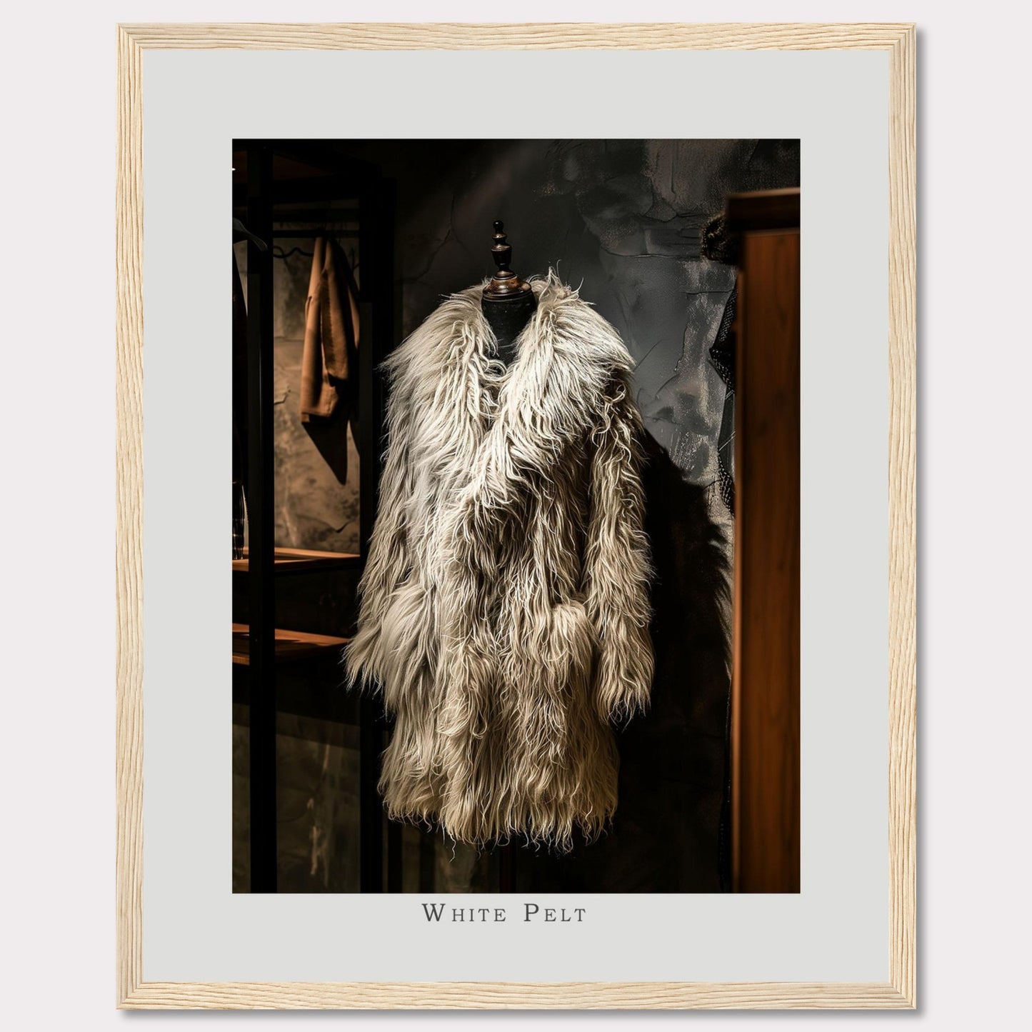 This captivating image showcases a luxurious, white pelt coat displayed on a mannequin in an elegant setting.