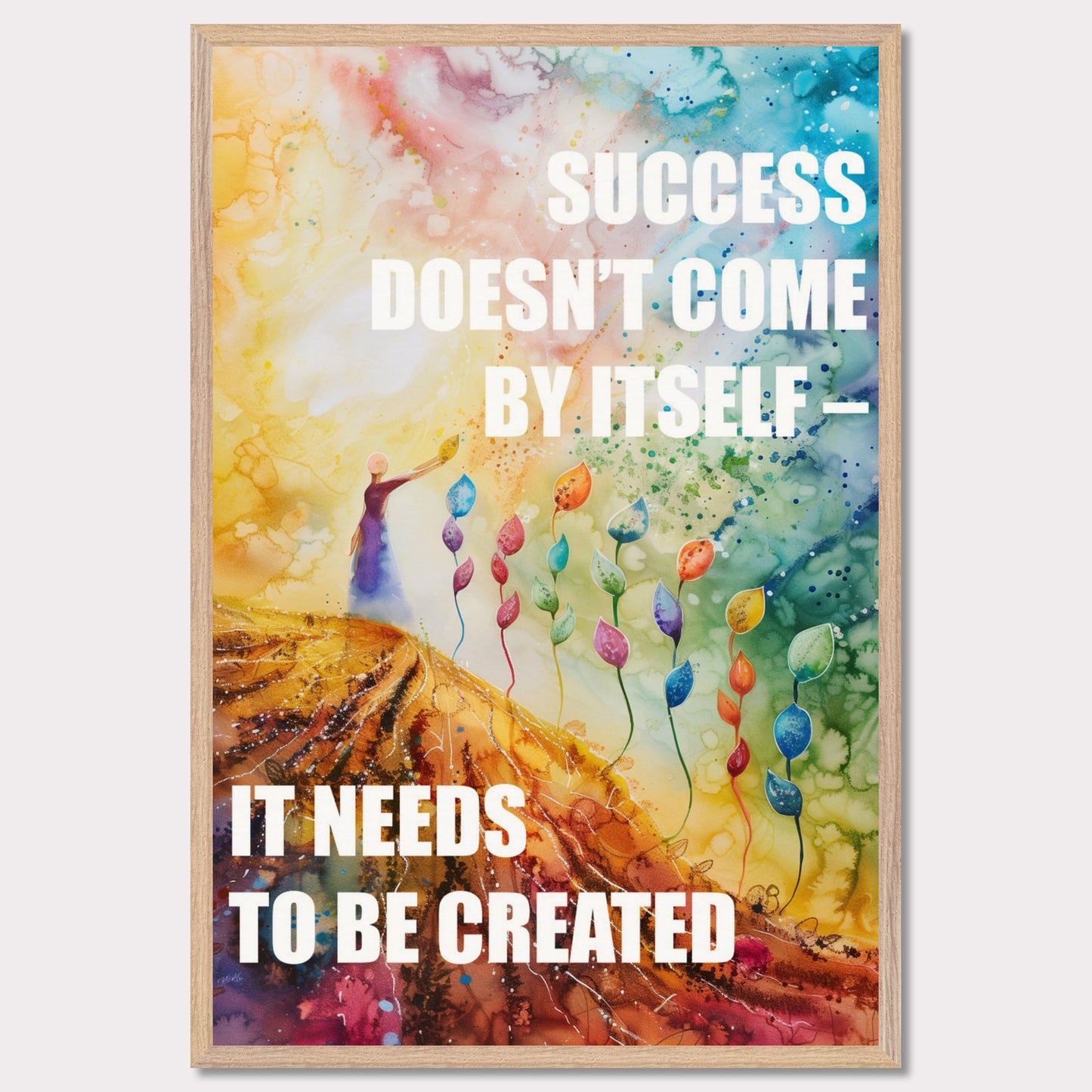 Colorful and inspiring poster featuring the motivational quote: "SUCCESS DOESN'T COME BY ITSELF - IT NEEDS TO BE CREATED".