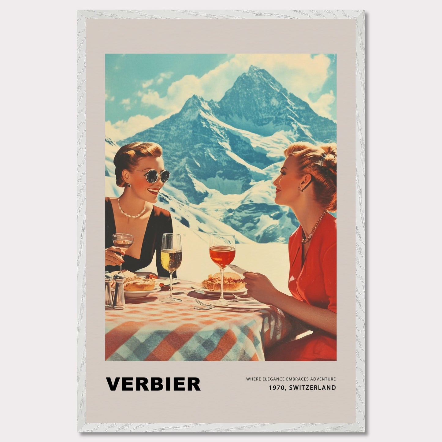 This glamorous poster showcases the refined charm of Verbier, featuring two elegantly dressed women enjoying an alfresco meal with breathtaking alpine peaks as their backdrop. The scene embodies a perfect blend of sophistication and adventure, inviting viewers to savor the unique allure of this Swiss ski destination.