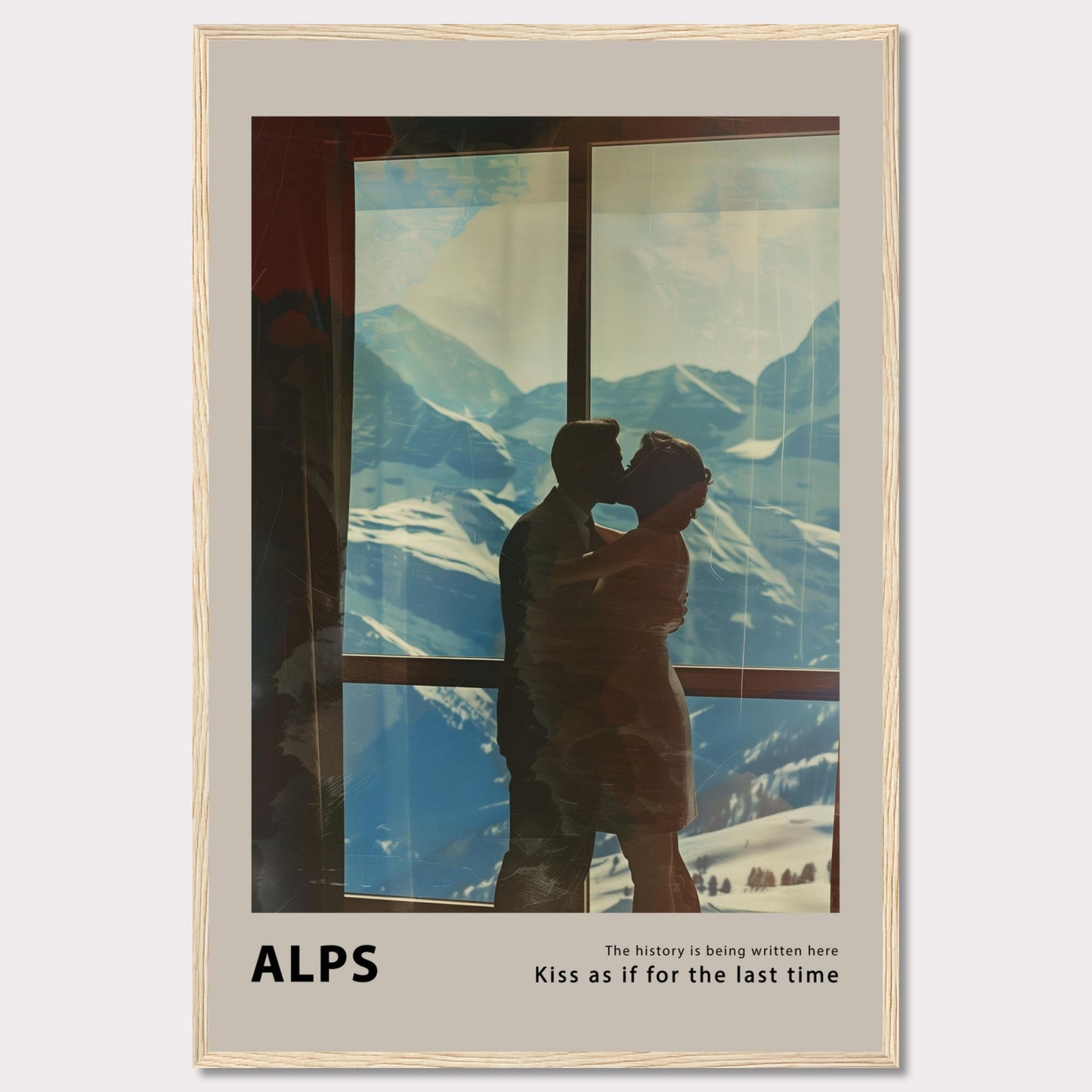 A romantic poster featuring a couple sharing a kiss with the breathtaking backdrop of the Alps visible through a large window. The serene snowy mountains and clear blue sky add to the emotional ambiance.