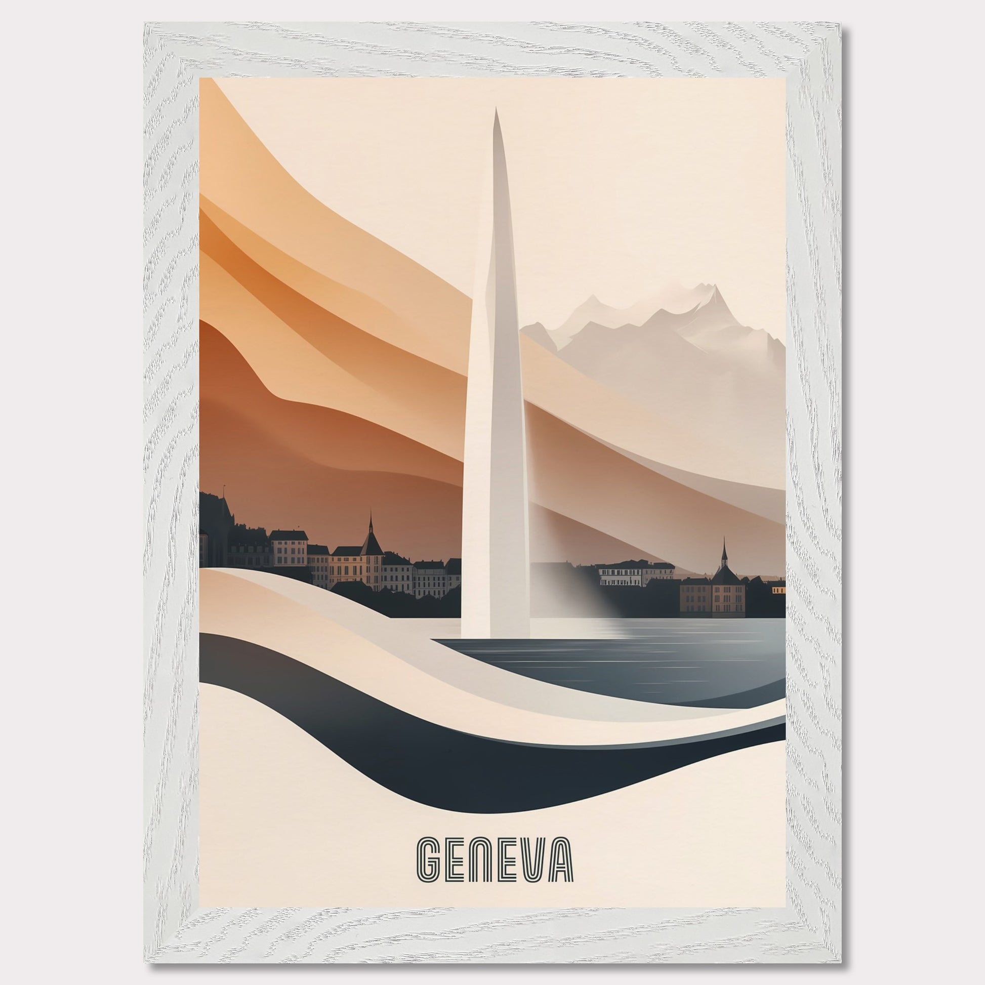 A modern and elegant poster of Geneva’s famous Jet d’Eau fountain, seamlessly blending into the landscape. Smooth curves and warm hues create a sense of fluidity and movement.