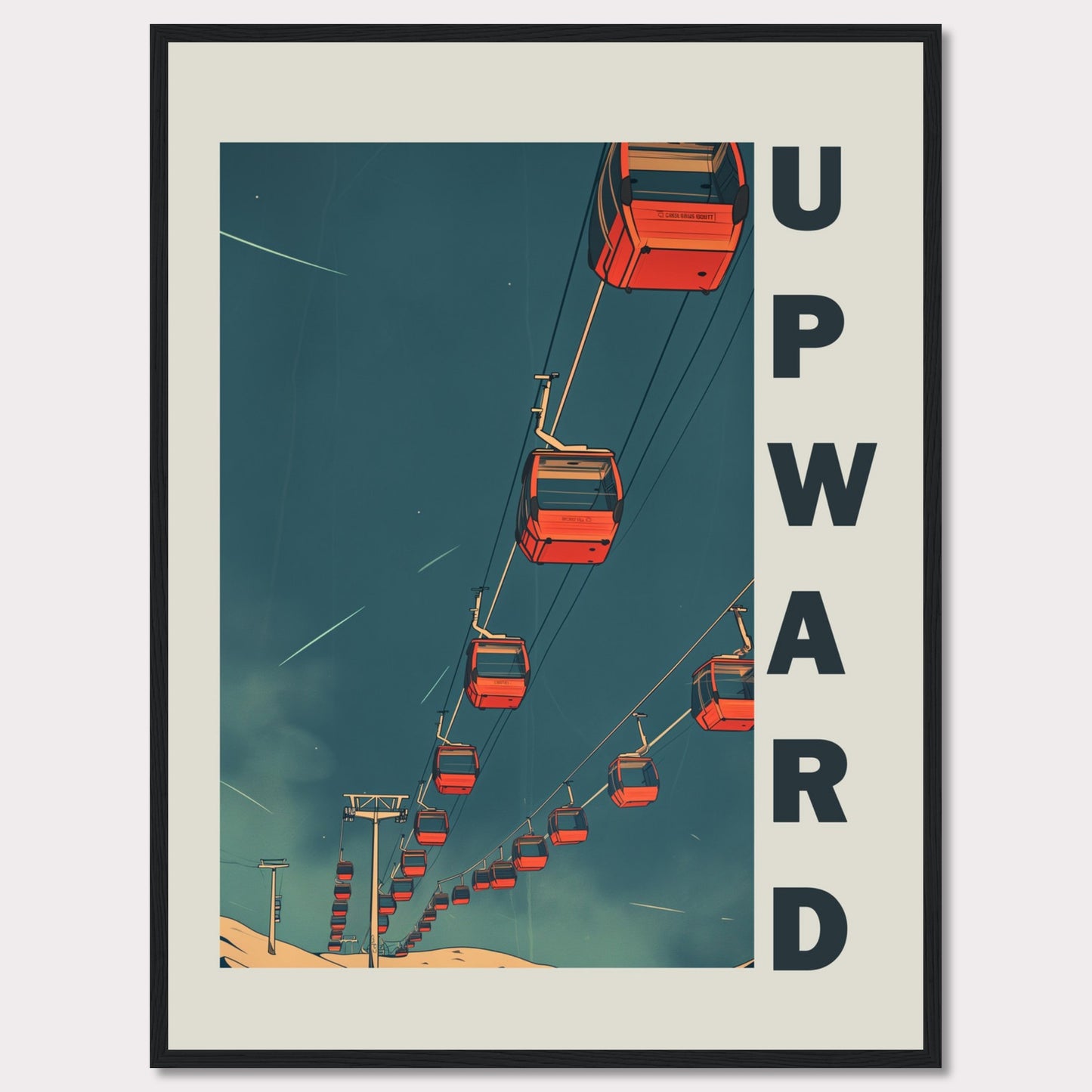 This striking artwork features a series of red cable cars ascending into a deep blue sky, evoking a sense of adventure and upward momentum. The word "UPWARD" is boldly displayed along the right side, reinforcing the theme of progress and elevation.