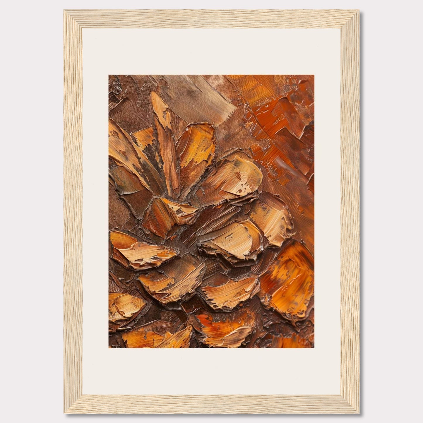 This image showcases a textured painting of a pine cone, rendered in rich, earthy tones. The thick, impasto technique gives the artwork a three-dimensional feel, making the pine cone appear almost lifelike. The painting is framed in a sleek black frame with a white matting that enhances its visual appeal.