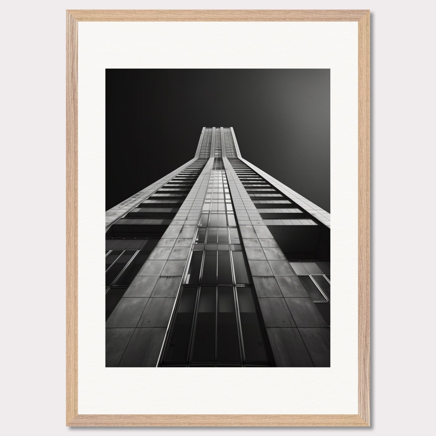 This striking black and white photograph captures the awe-inspiring perspective of looking up at a towering skyscraper. The image emphasizes the sleek lines and modern architecture, drawing the viewer's eye upwards towards the sky.