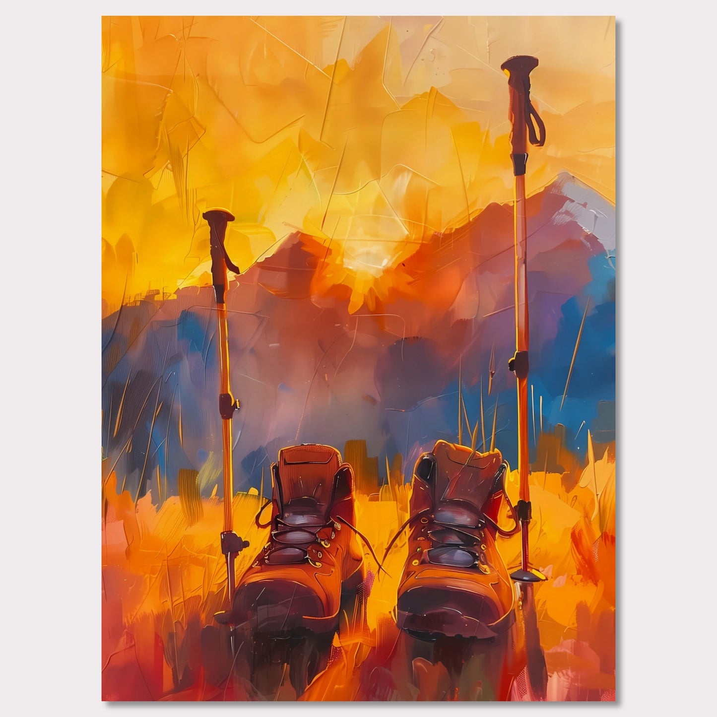 This illustration depicts a pair of hiking boots and trekking poles set against a vibrant, abstract background of mountains and a sunset.