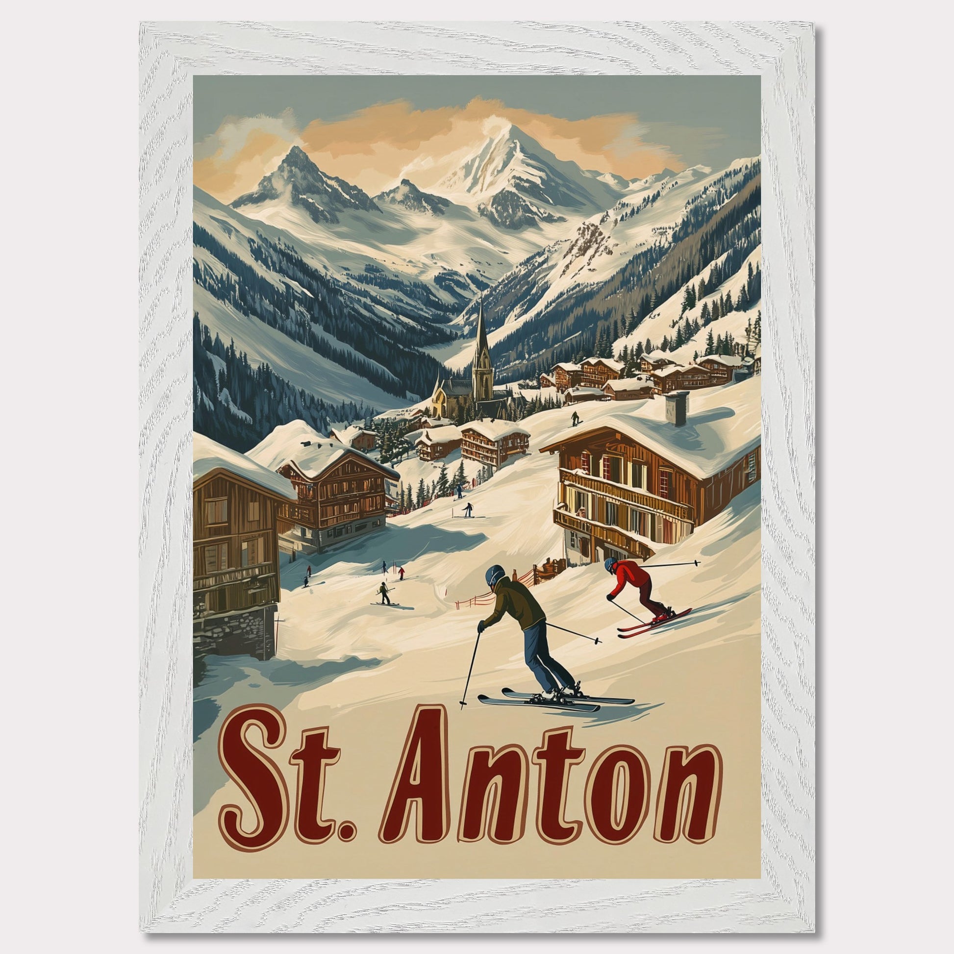 This captivating poster showcases the thrill of skiing in St. Anton, with a group of skiers carving through the fresh powder beneath the dramatic peaks of the Alps. The background features a picturesque village of wooden chalets nestled among the snow, while the rich retro colors and typography emphasize the adventurous spirit of St. Anton as a premier ski destination. The poster evokes both the excitement of the slopes and the warmth of alpine hospitality.