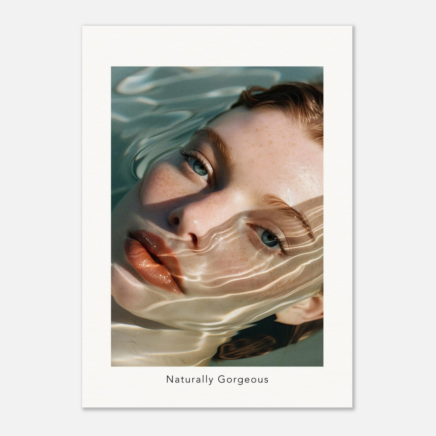 This poster features a close-up illustration of a woman's face partially submerged in water, with light reflections creating a wavy pattern across her skin. The text "Naturally Gorgeous" is displayed below the image.