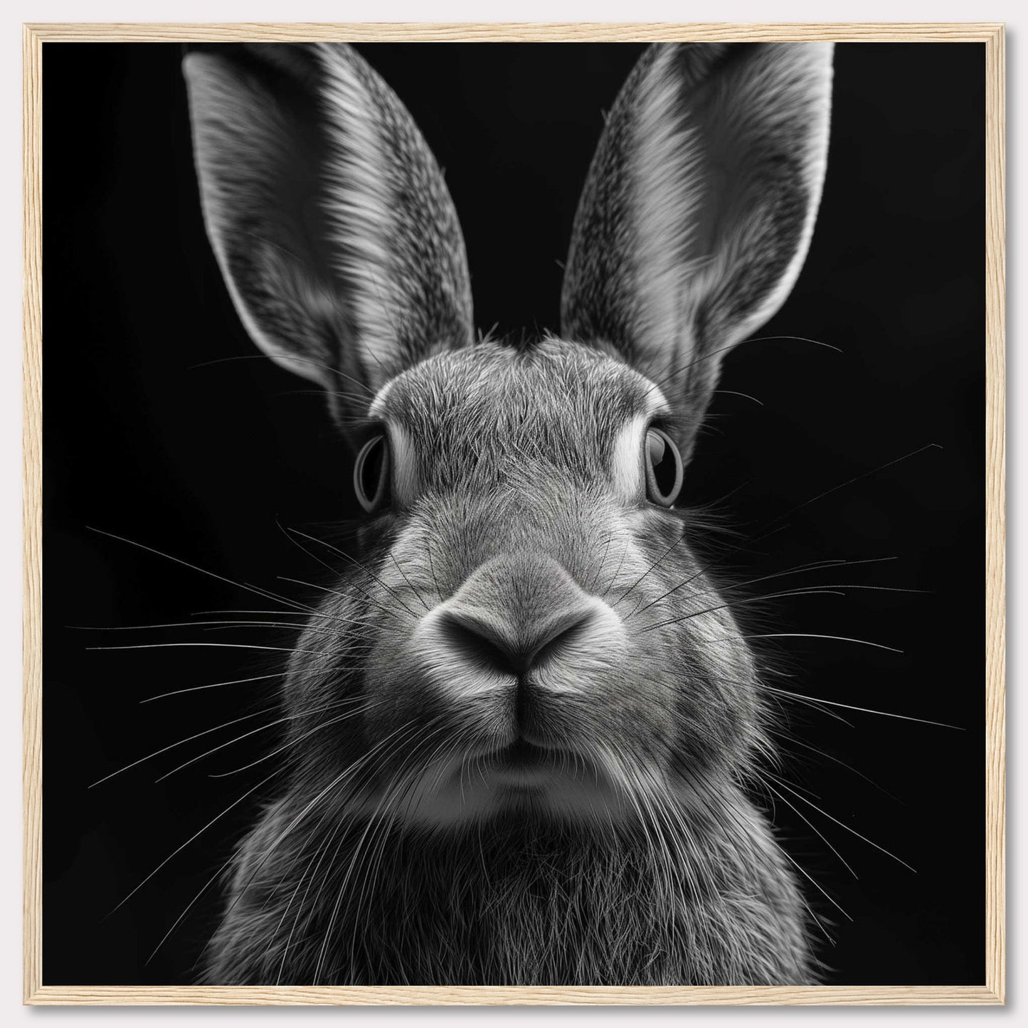 This striking black and white photograph captures a close-up of a rabbit, highlighting its expressive eyes, soft fur, and long whiskers. The image's focus on the rabbit's face creates an intimate and captivating portrait.