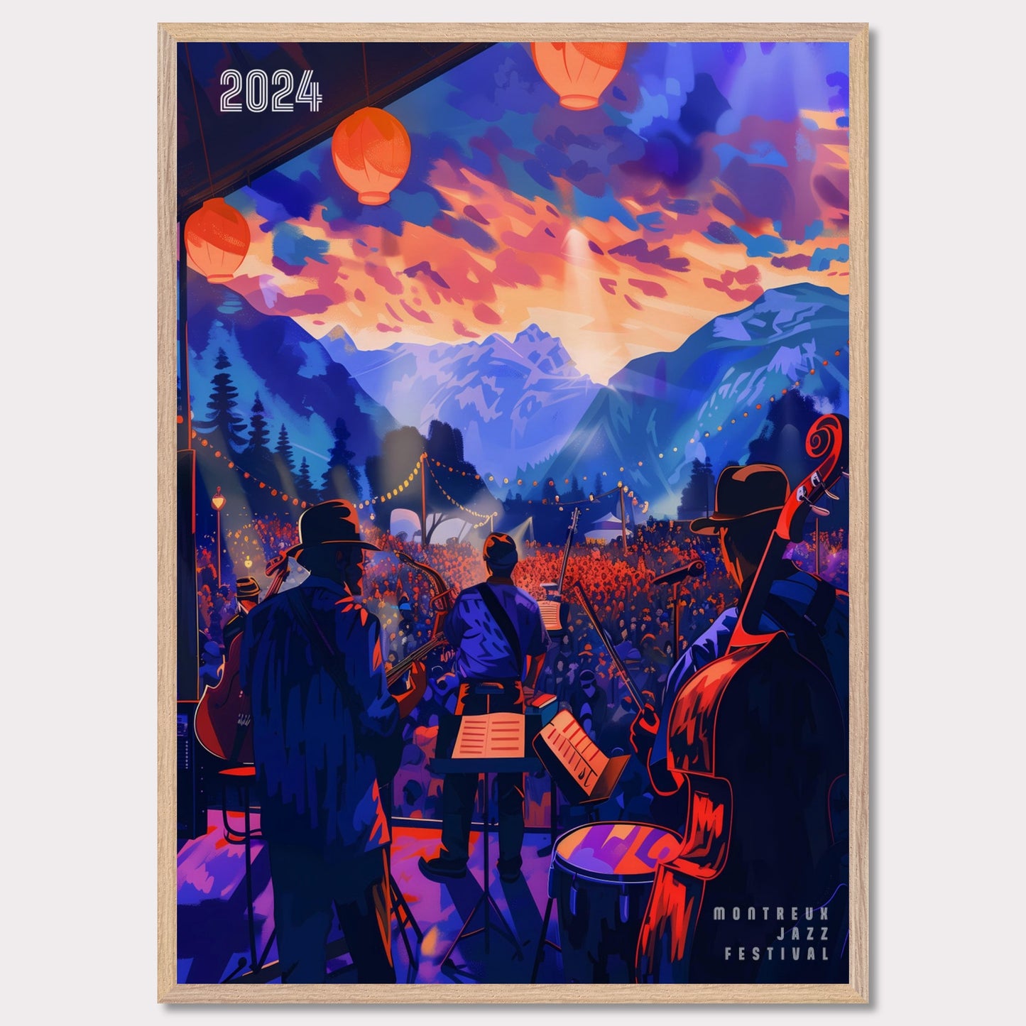 This vibrant poster depicts a lively jazz festival set against a stunning mountain backdrop. The scene is illuminated by colorful lanterns and features a band performing to a large, enthusiastic crowd. The sky is painted with dramatic hues of orange and purple, enhancing the festive atmosphere.