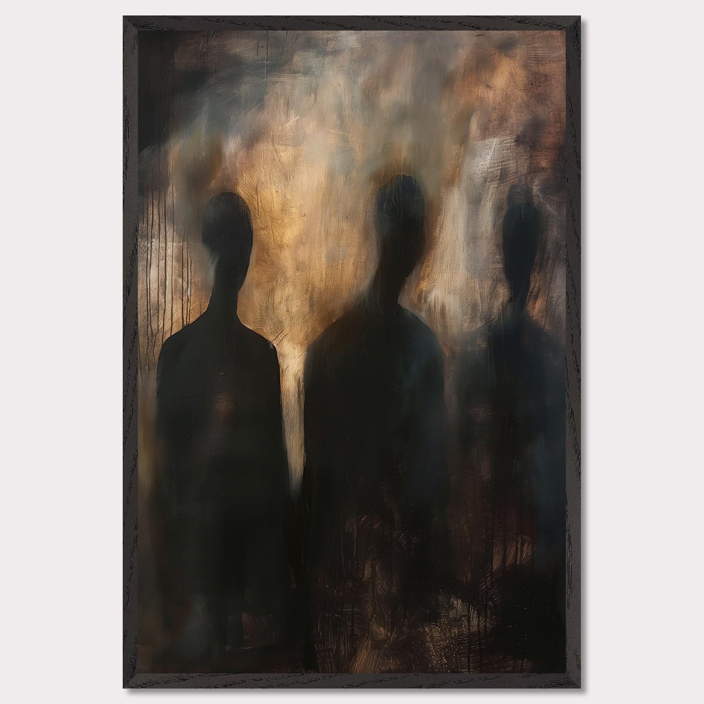 This evocative painting features three shadowy figures set against a smoky, abstract background. The use of dark and muted tones creates a mysterious and haunting atmosphere, inviting viewers to contemplate the unknown. The blending of colors and indistinct forms evoke emotions of intrigue and curiosity.