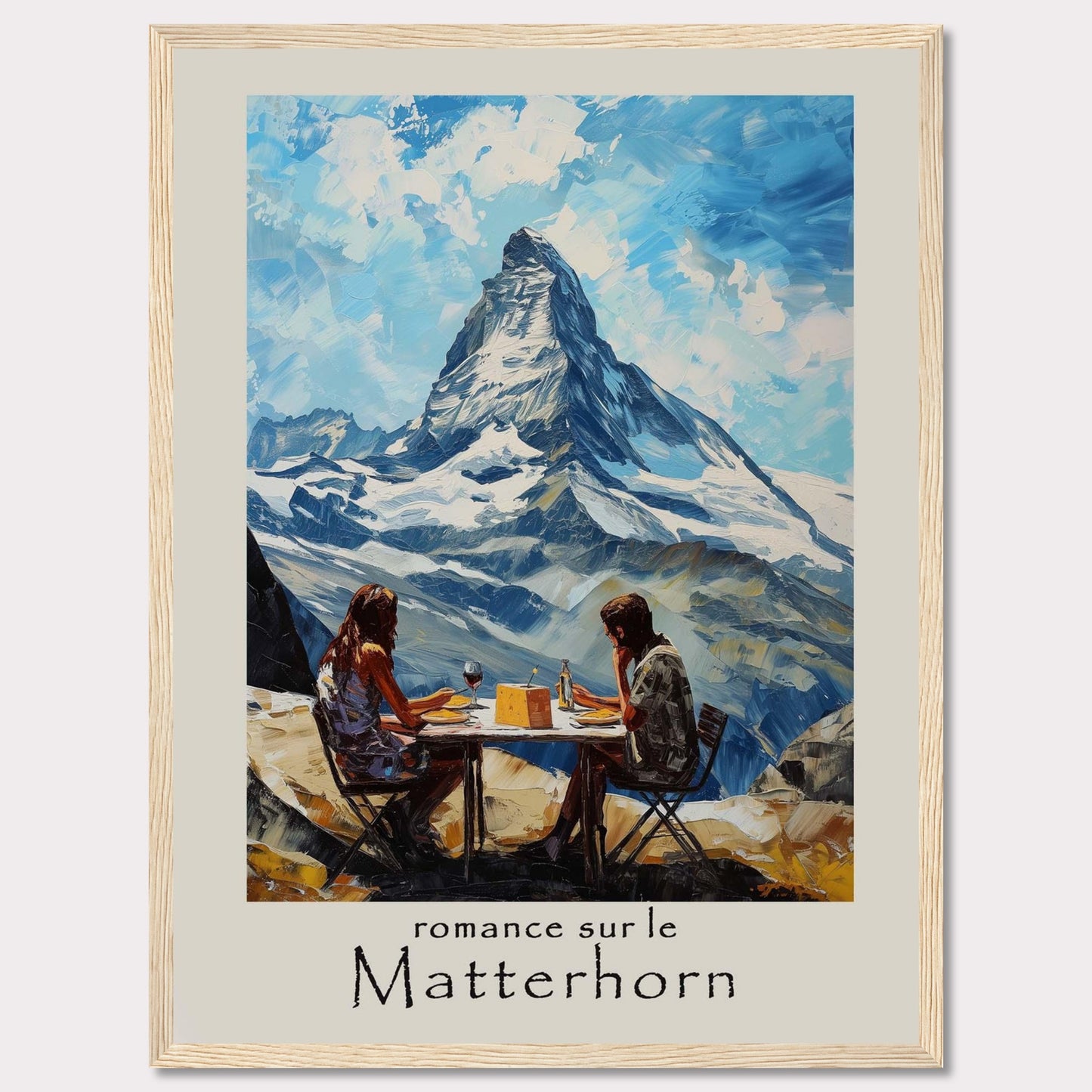 This captivating poster showcases a romantic scene at the Matterhorn, with a couple enjoying a meal against the breathtaking backdrop of the iconic mountain.