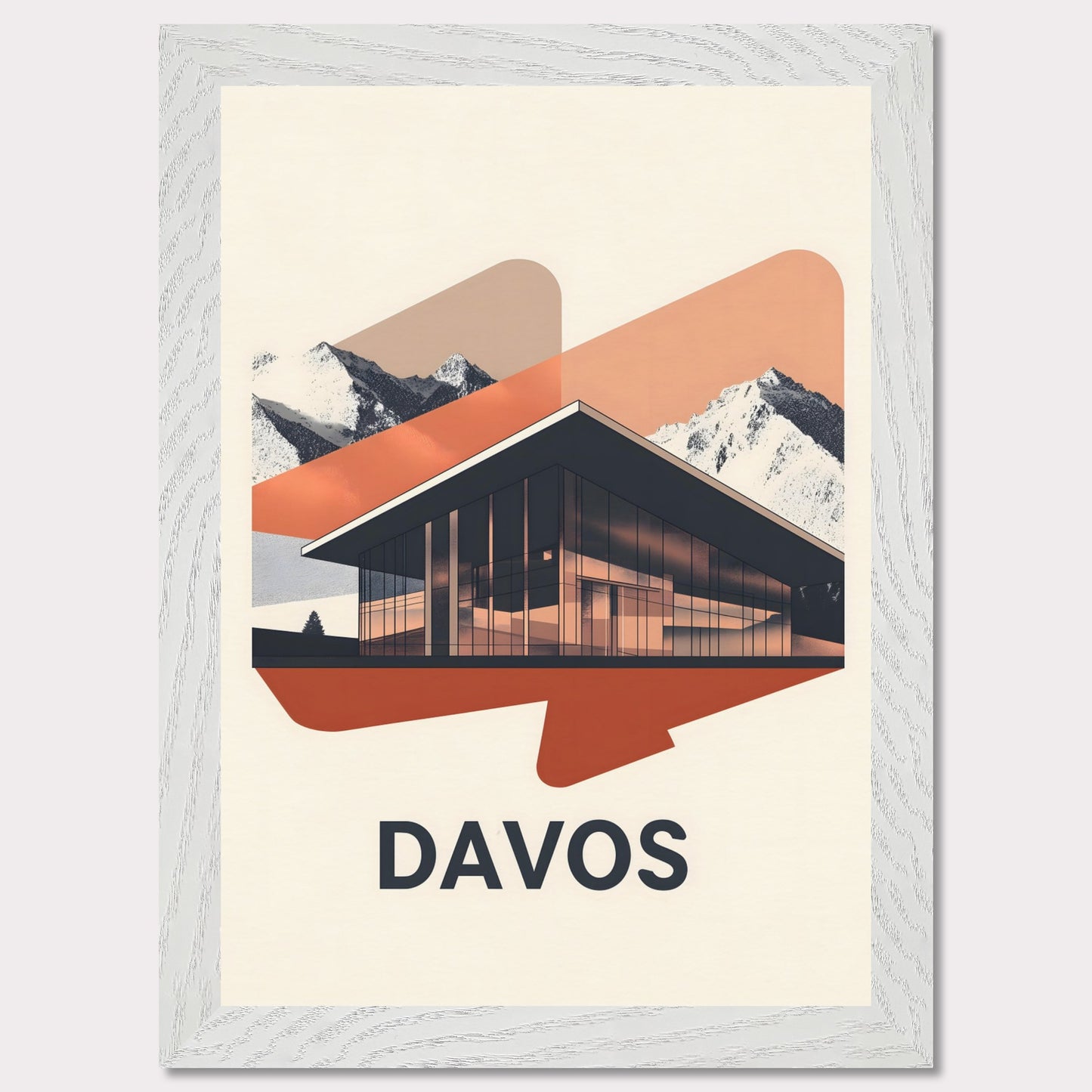 A sleek, modern representation of Davos, featuring a glass-fronted building set against towering alpine mountains. The minimalist color palette and subtle lighting effects give the scene a futuristic yet inviting feel.