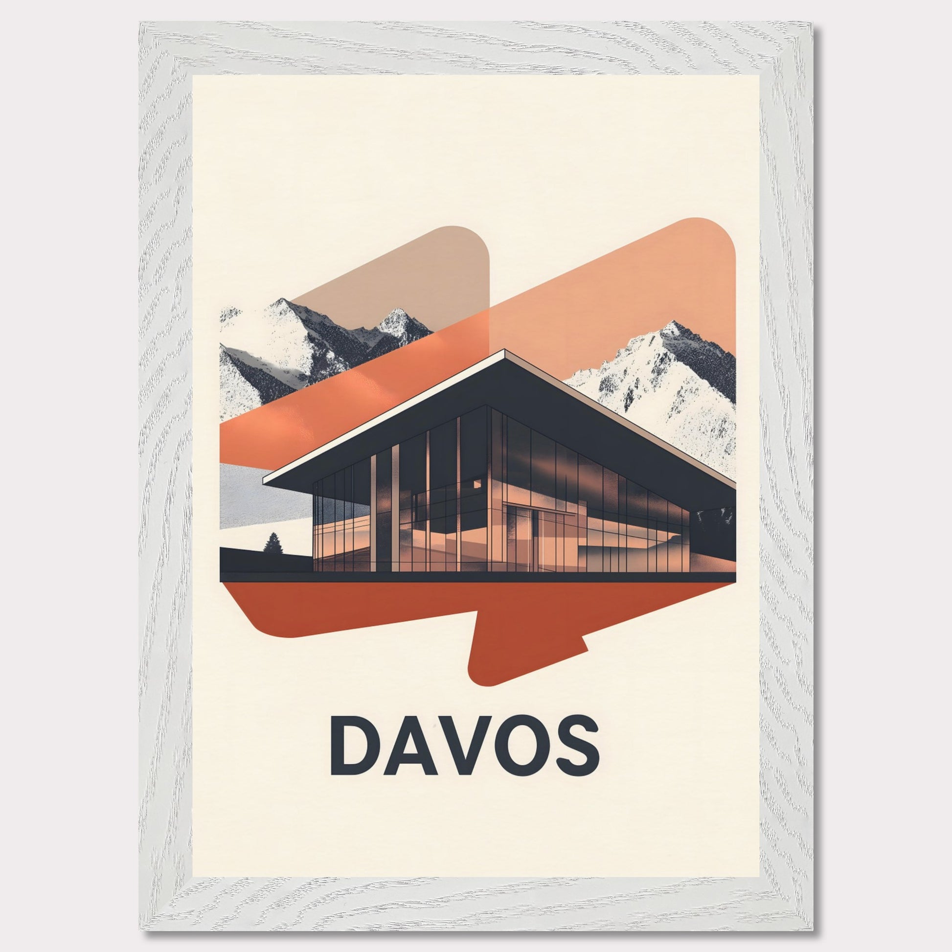 A sleek, modern representation of Davos, featuring a glass-fronted building set against towering alpine mountains. The minimalist color palette and subtle lighting effects give the scene a futuristic yet inviting feel.