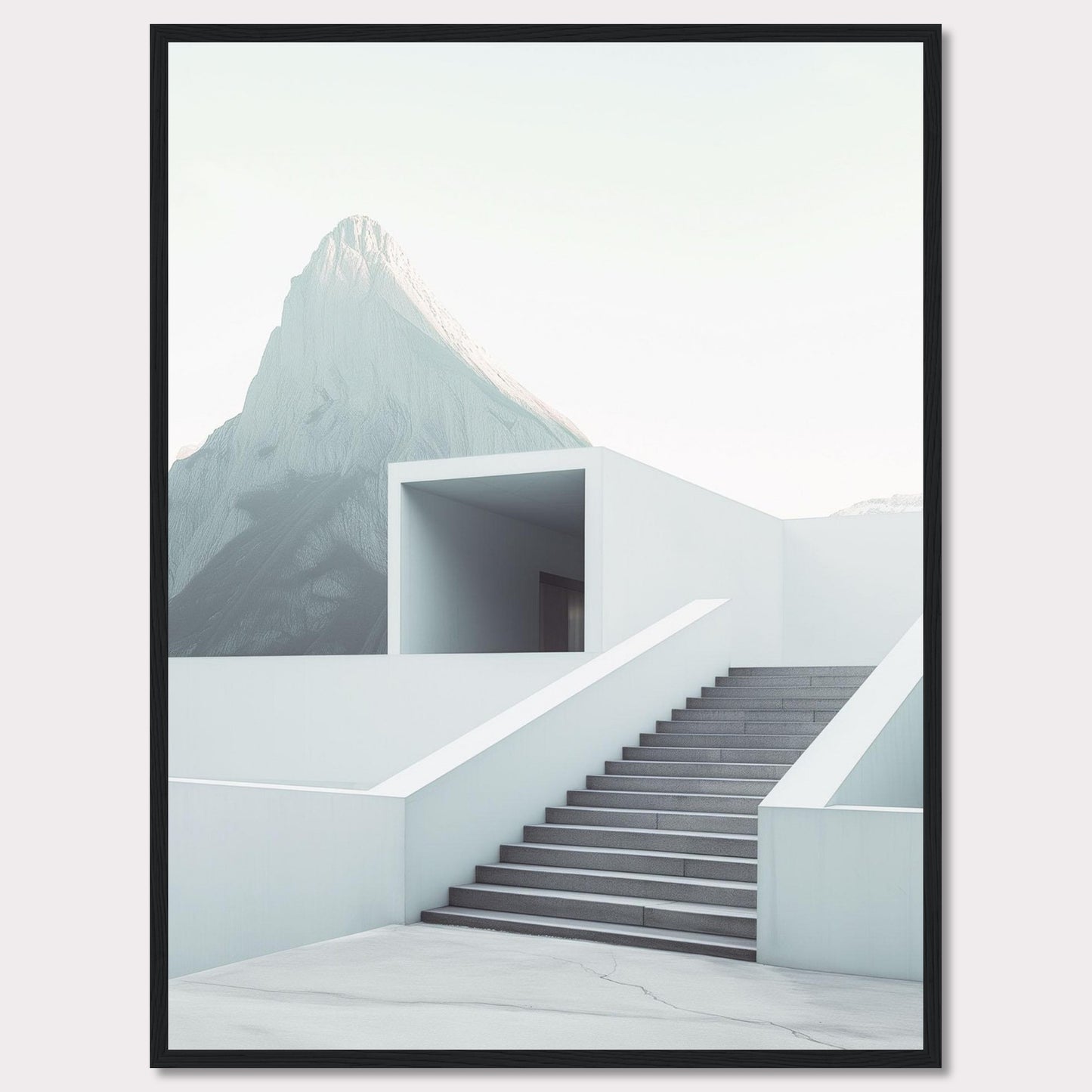 This minimalist artwork features a serene mountain backdrop with a modern architectural staircase leading to a simple, open structure. The clean lines and soft color palette evoke a sense of tranquility and sophistication.