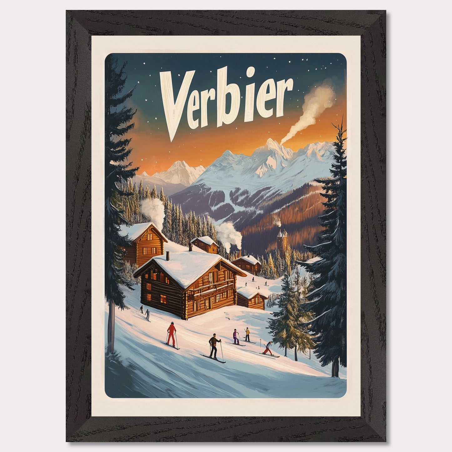 This captivating poster encapsulates the serene beauty of Verbier, with its snow-covered chalets nestled against a backdrop of fiery alpine sunsets. The scene showcases the perfect blend of adventure and tranquility, featuring skiers gliding down gentle slopes surrounded by towering pine trees and a distant view of a majestic mountain range. The soft, glowing hues of the evening sky bring warmth to this winter wonderland.