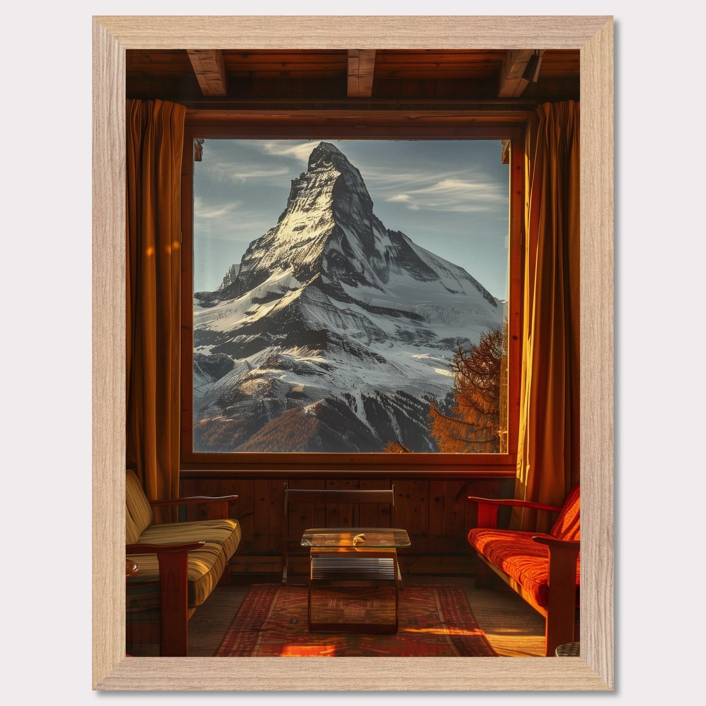 This stunning image captures a breathtaking view of a snow-capped mountain through a large window from a cozy wooden cabin. The warm interior contrasts beautifully with the majestic, cold mountain outside.