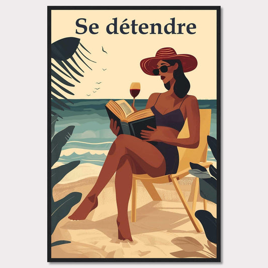 This illustration captures a serene beach scene with a woman relaxing on a chair, reading a book, and enjoying a glass of wine. The text "Se détendre" at the top translates to "Relax" in English.