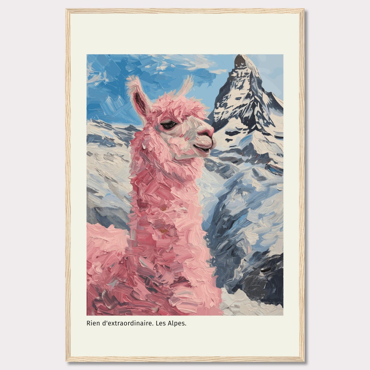 This whimsical painting features a pink llama standing proudly against the backdrop of the majestic Alps. The vibrant colors and playful brushstrokes bring a sense of fun and adventure to the scene.