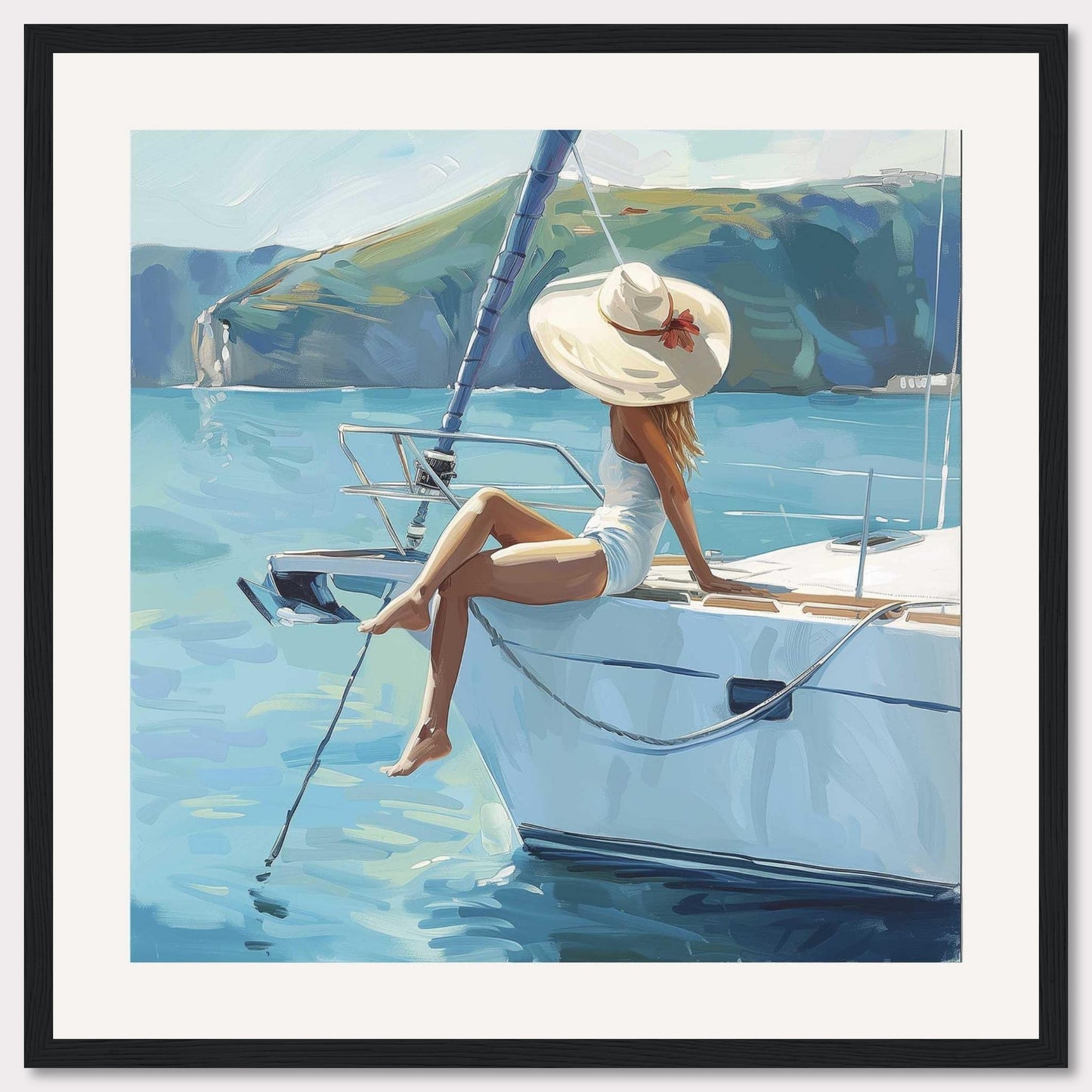 Immerse yourself in serenity with this stunning artwork of a woman lounging on a yacht, basking in the sun. The calm blue waters and picturesque coastal cliffs create a tranquil backdrop, while her wide-brimmed hat adds a touch of elegance.