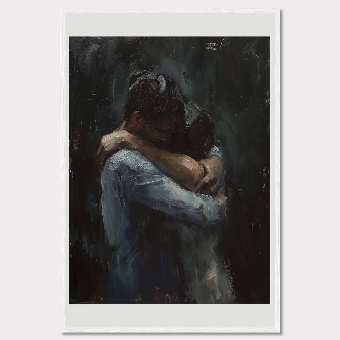 This evocative painting captures a tender embrace between two figures, conveying deep emotion and connection. The dark, muted tones enhance the intimacy of the moment, drawing the viewer into the scene.