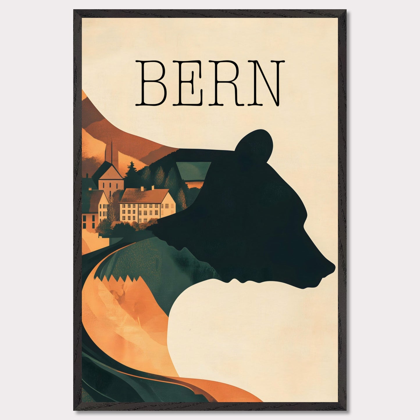 This minimalist travel poster captures the essence of Bern, Switzerland, with a flowing river winding through the city's historic heart. The design highlights the city's iconic medieval architecture, framed by the serene natural surroundings. The soft, muted tones evoke a sense of nostalgia and tranquility, making it a perfect representation of Bern’s timeless beauty.