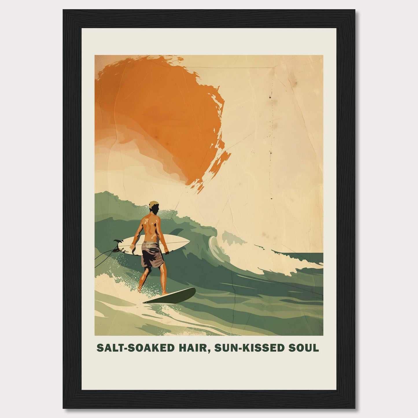 This vibrant poster showcases a surfer riding a wave with the sun setting in the background. 