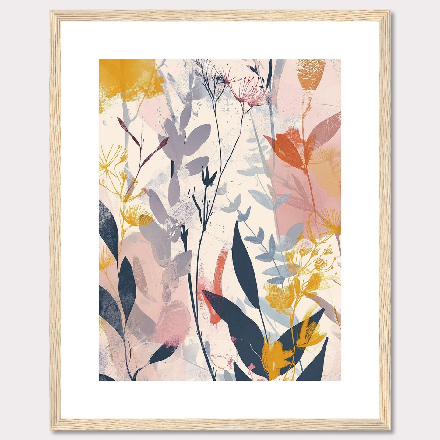 This image showcases a beautiful abstract botanical art print. It features a blend of soft and vibrant colors, depicting various plant forms and leaves.