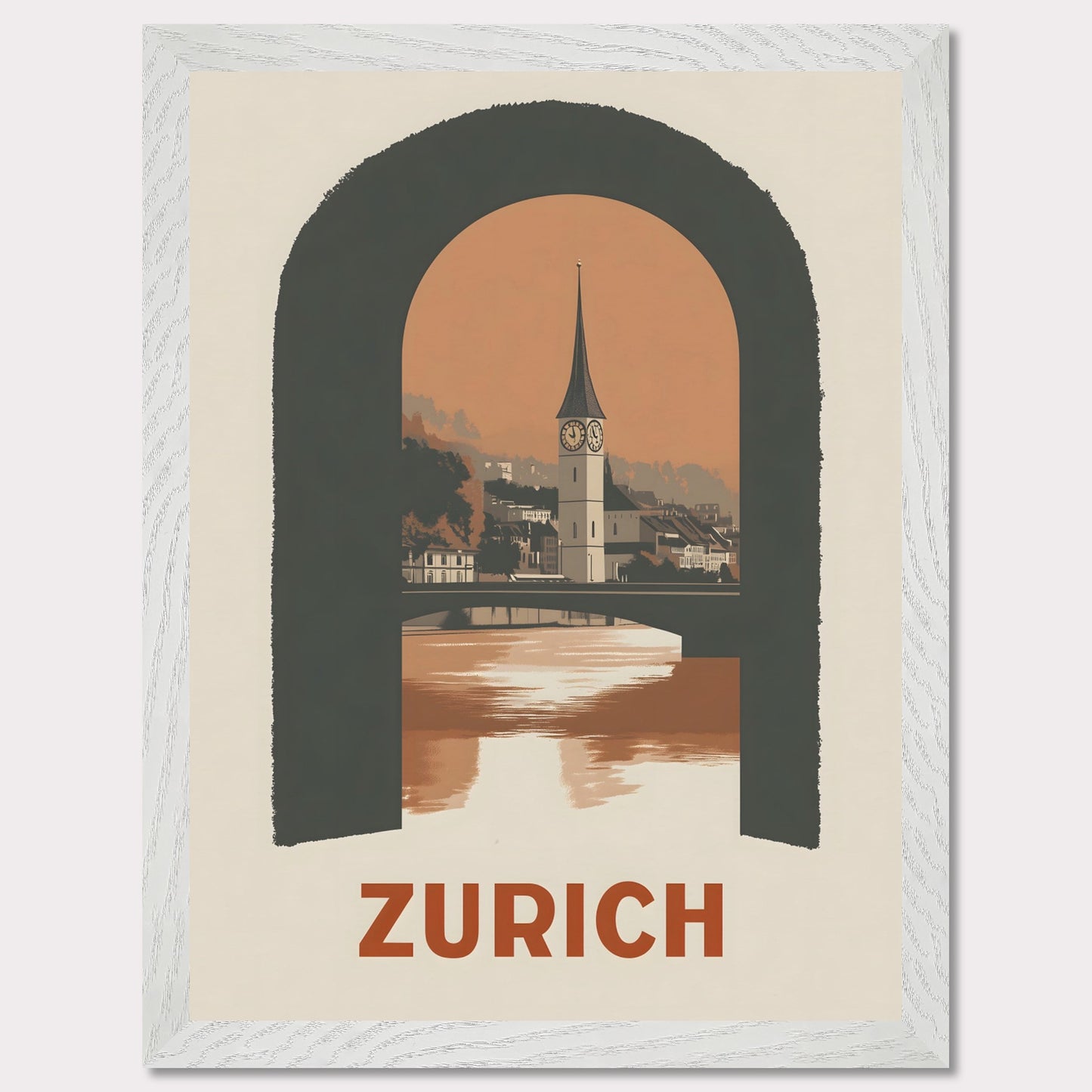 A sophisticated poster featuring Zurich’s historic clock tower, framed through an arched window. The blend of soft tones and bold composition creates a striking visual balance.