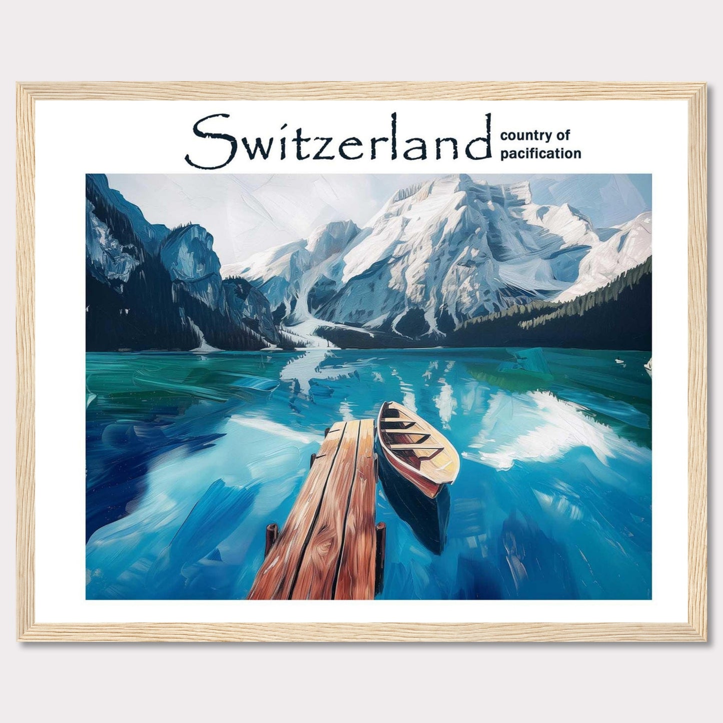 This image showcases a serene lake in Switzerland, surrounded by majestic snow-capped mountains. A wooden dock extends into the calm, reflective waters, where a lone boat is moored. The scene is tranquil and inviting, epitomizing the peacefulness of the Swiss landscape.