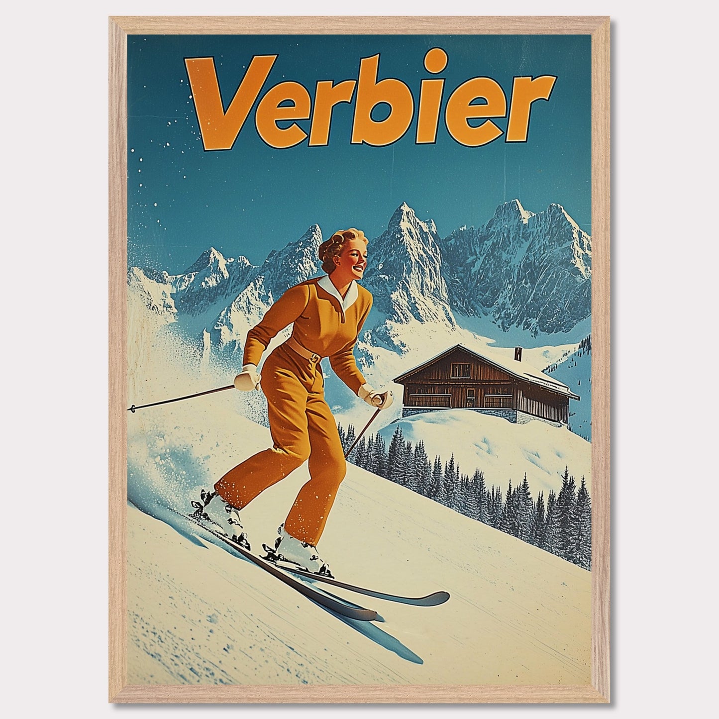 This vibrant retro poster features a cheerful skier dressed in a classic orange ski outfit, gliding down the pristine slopes of Verbier. Behind her, a picturesque alpine chalet sits amidst snow-covered peaks, with a bright blue sky completing the idyllic scene. The bold typography and clean lines enhance the nostalgic charm, inviting viewers to experience the joys of skiing in Verbier.