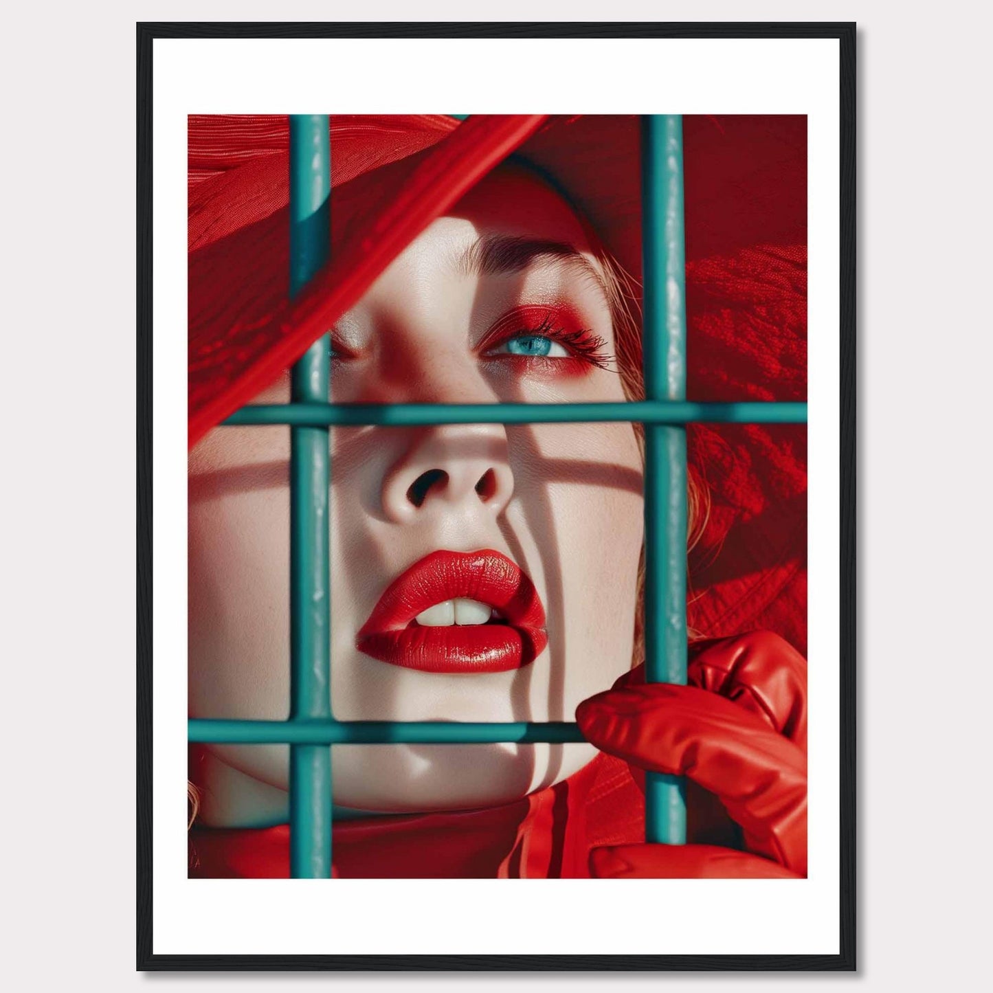 This striking portrait captures a close-up of a woman's face, emphasizing her vibrant red lips and eye makeup. She is framed behind teal bars, adding a sense of intrigue and contrast to the image. The vivid red hat and gloves complement her makeup, creating a bold and captivating visual. This artwork evokes a sense of mystery and allure.