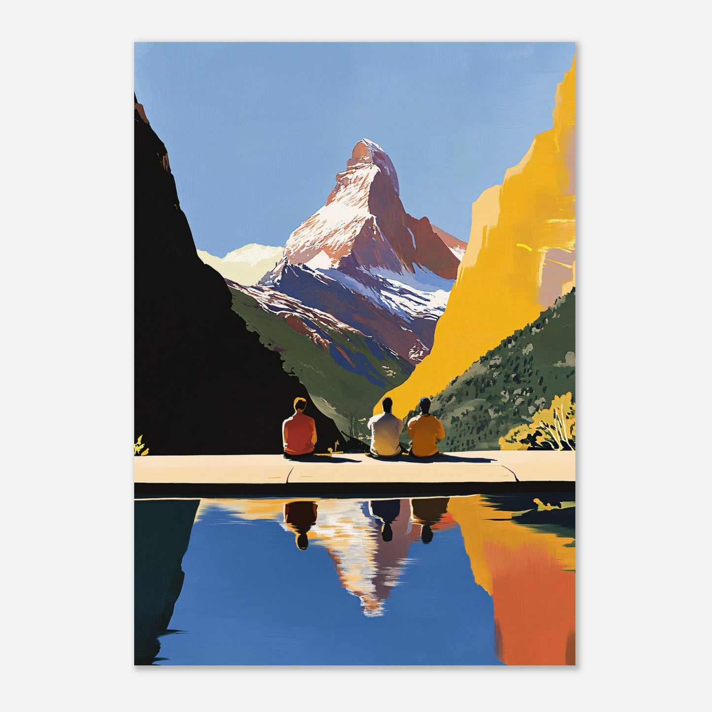 This poster takes us on a serene retreat to the breathtaking landscapes of the Swiss Alps, with the iconic Matterhorn standing proudly as the centerpiece. Three figures sit quietly at the edge of a calm reflecting pool, their silhouettes harmonizing with the tranquility of the setting. The vivid contrast of golden mountainsides, lush greenery, and the deep blue sky reflects the beauty of untouched nature. This artwork captures the essence of reflection, connection, and the majesty of alpine surroundings.