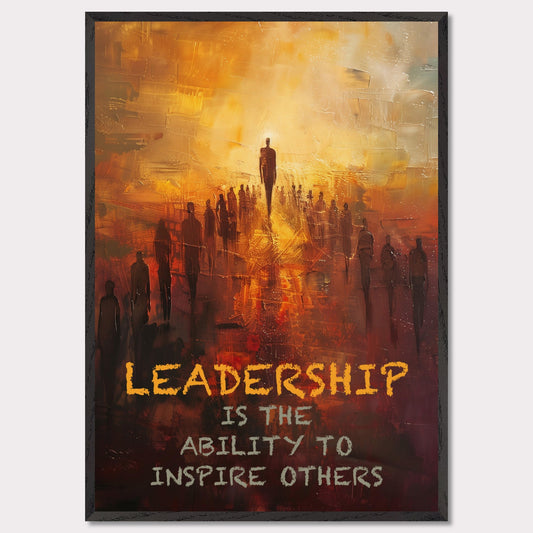 This image depicts a motivational poster with an abstract painting of a group of people following a prominent figure, symbolizing leadership. The background is a blend of warm colors like orange and yellow, creating a sense of inspiration and energy.