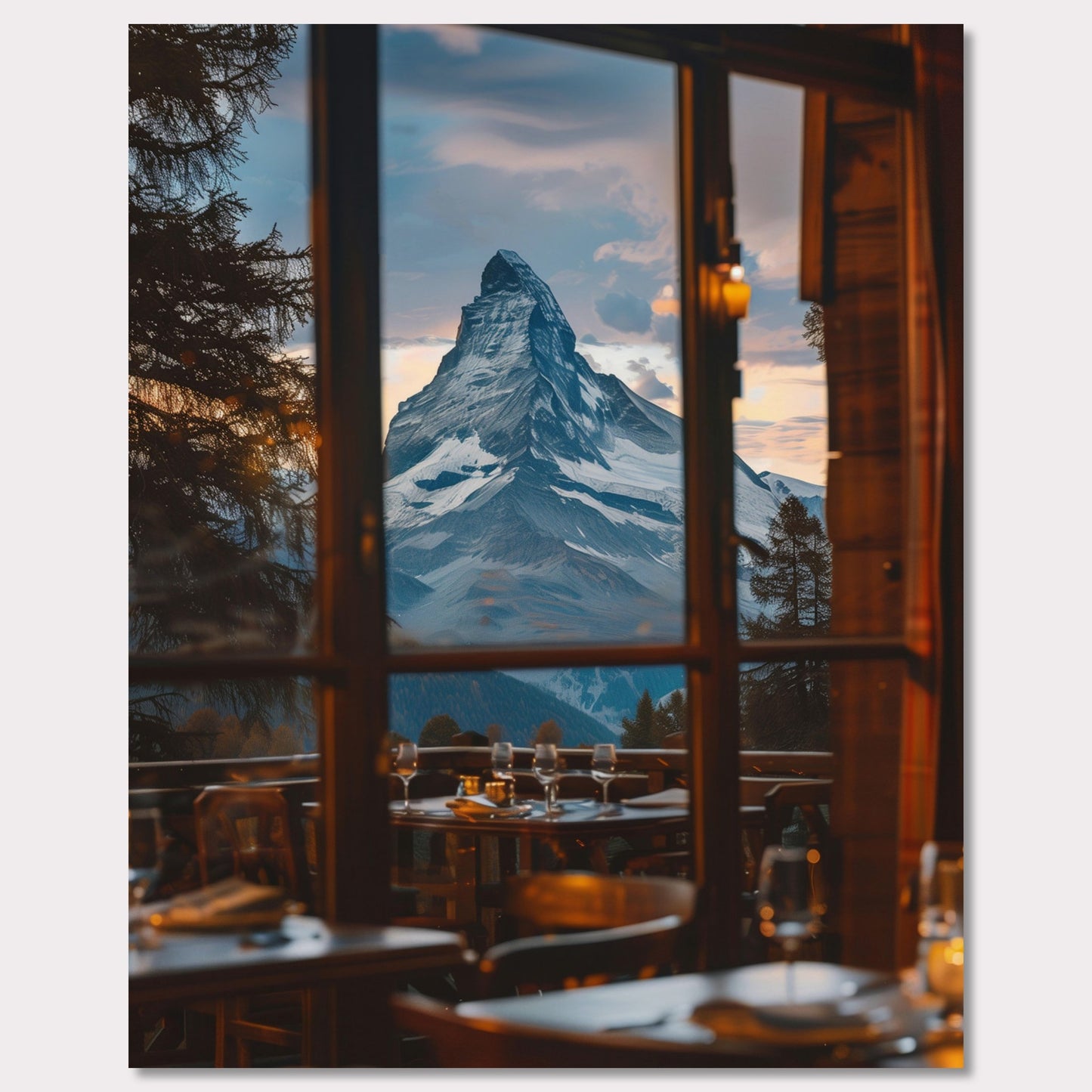 Experience the breathtaking view of a majestic mountain peak through the windows of a cozy restaurant. The scene captures the tranquility and grandeur of nature, inviting you to unwind and savor the moment.