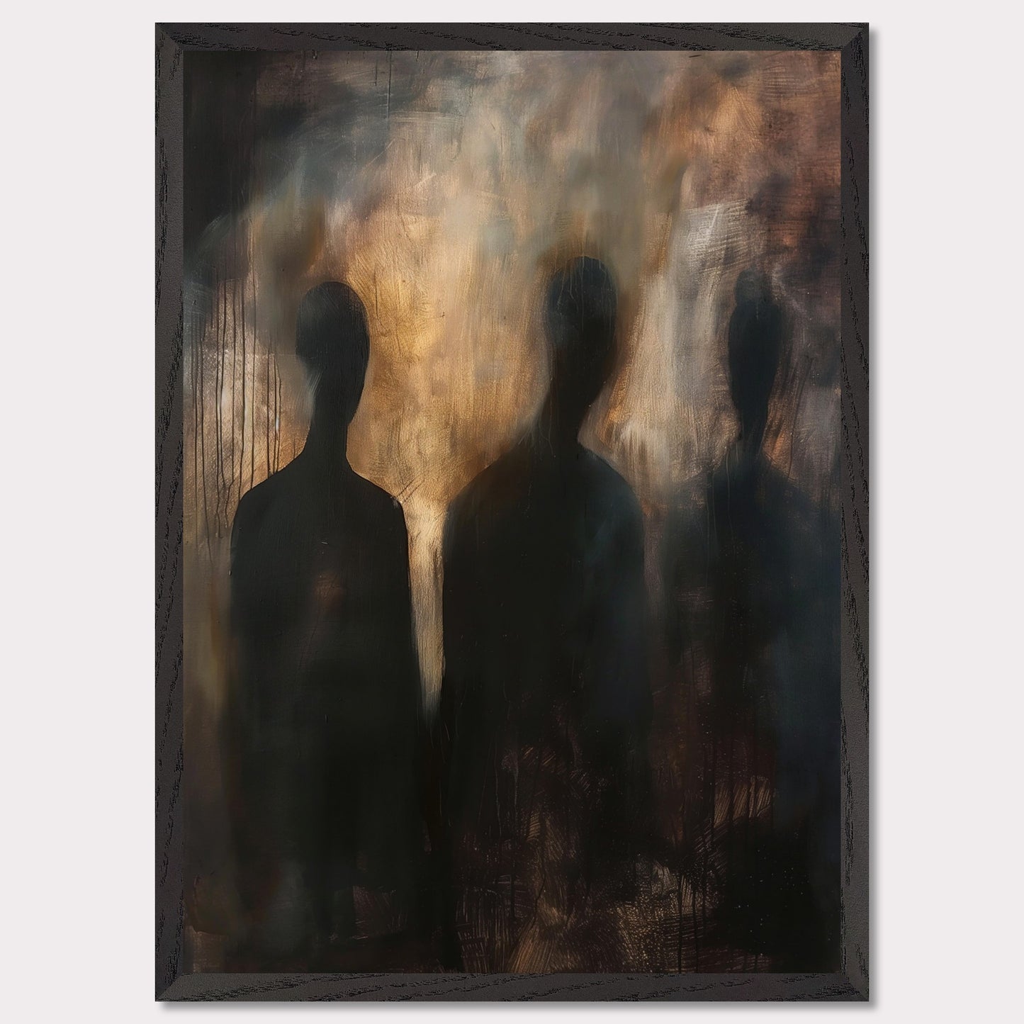 This evocative painting features three shadowy figures set against a smoky, abstract background. The use of dark and muted tones creates a mysterious and haunting atmosphere, inviting viewers to contemplate the unknown. The blending of colors and indistinct forms evoke emotions of intrigue and curiosity.