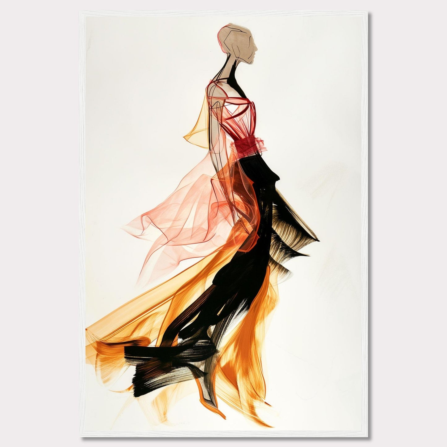 This captivating artwork showcases a fashion illustration of a figure in a flowing, vibrant dress. The dress features dynamic colors and textures, blending red, orange, and black hues. The abstract style and fluid lines create a sense of movement and elegance.